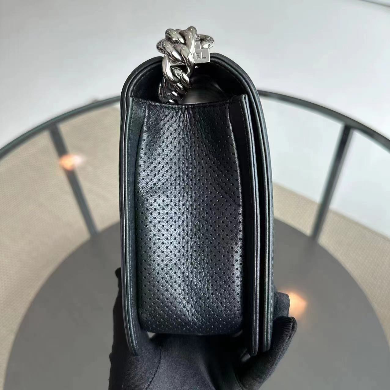 Chanel Boy Medium - 28CM Quilted Lambskin Perforated Black Silver Hardware Series 19