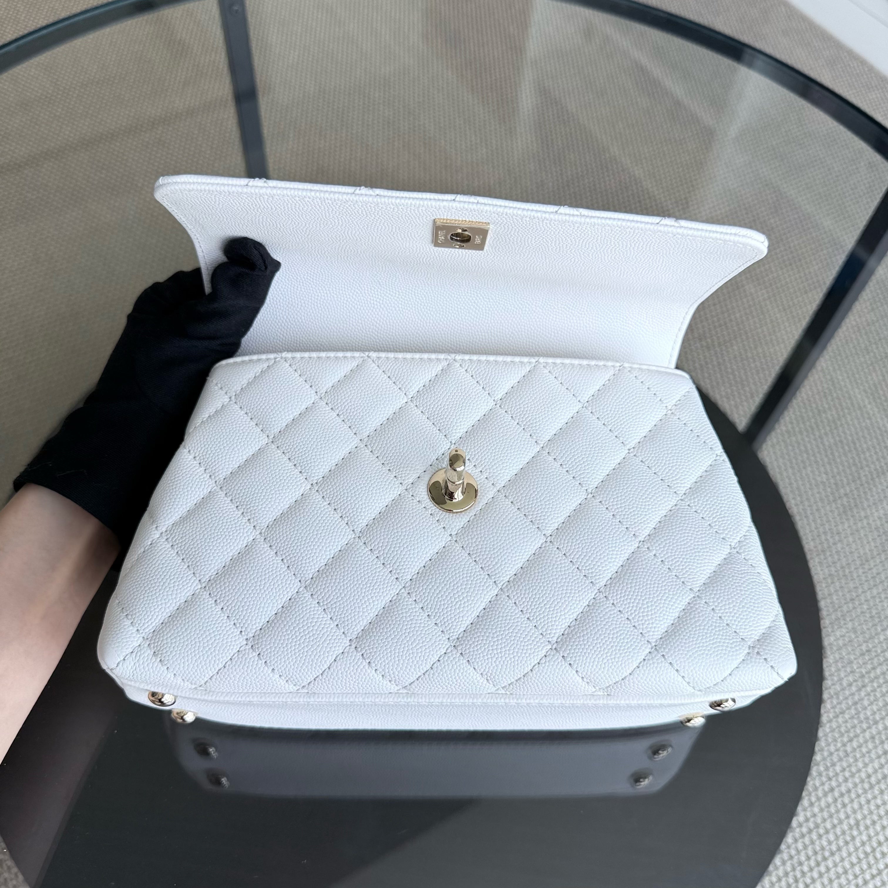 Chanel Coco Handle Small - Caviar Quilted Snow White Gold Hardware Microchip