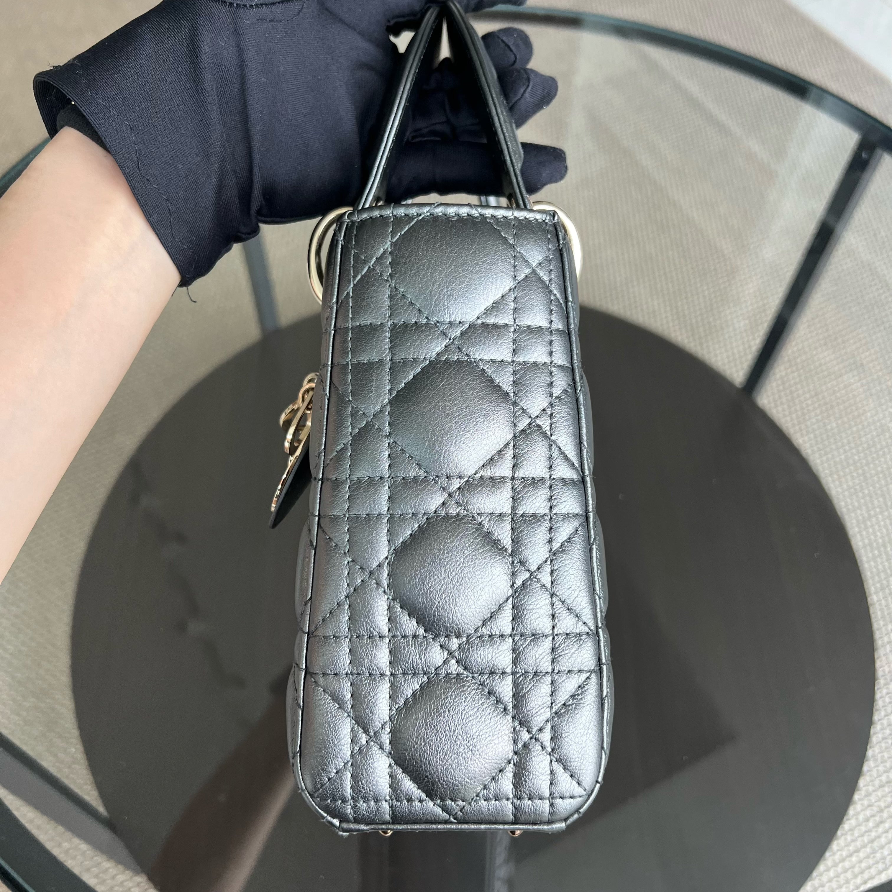 *ABC Strap* Dior Lady Small MyABC Cannage Calfskin Metallic Gunmetal Grey Golden Hardware