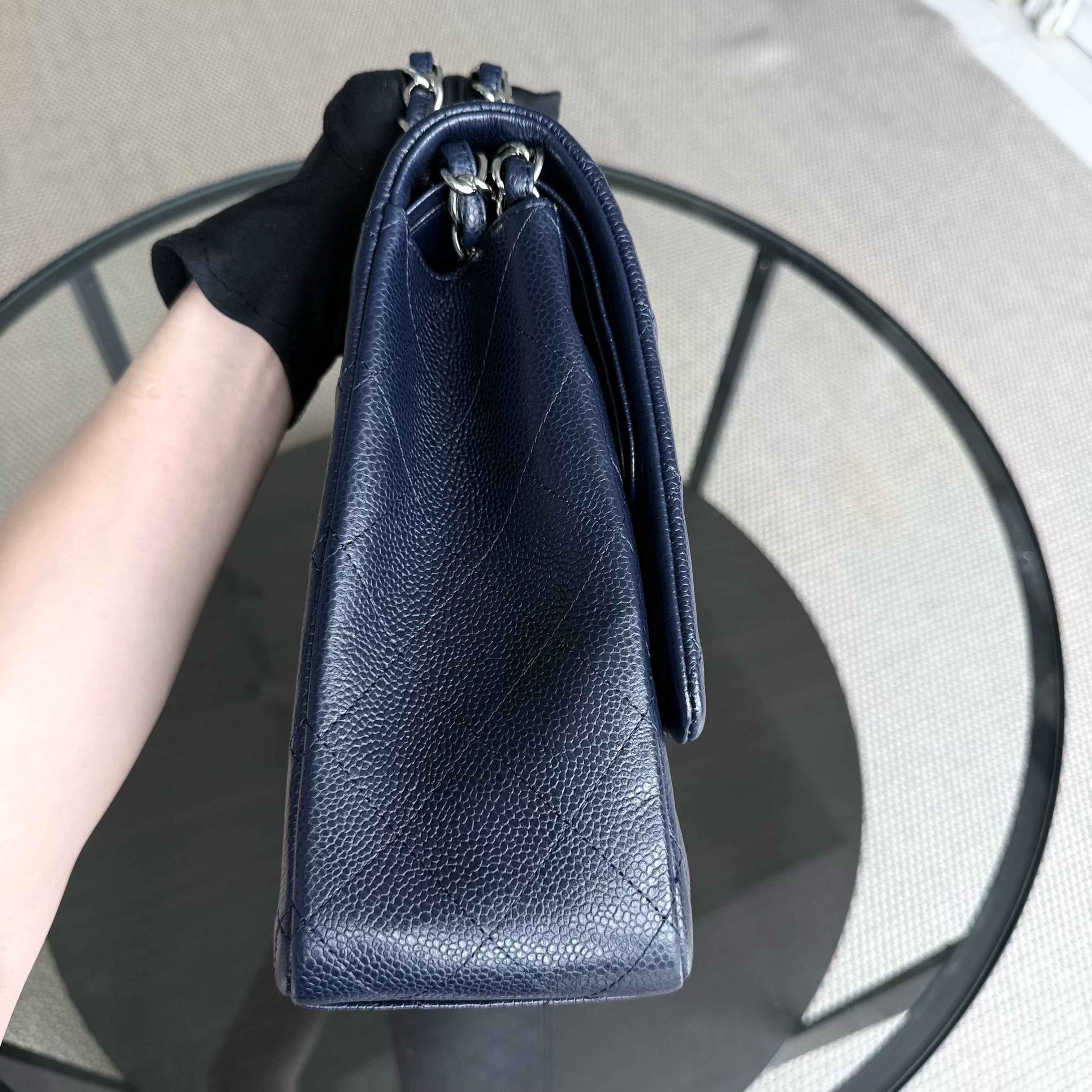 Chanel Classic Flap Maxi - Caviar Double Flap 33CM Quilted Grained Calfskin Dark Blue Silver Hardware Series 18