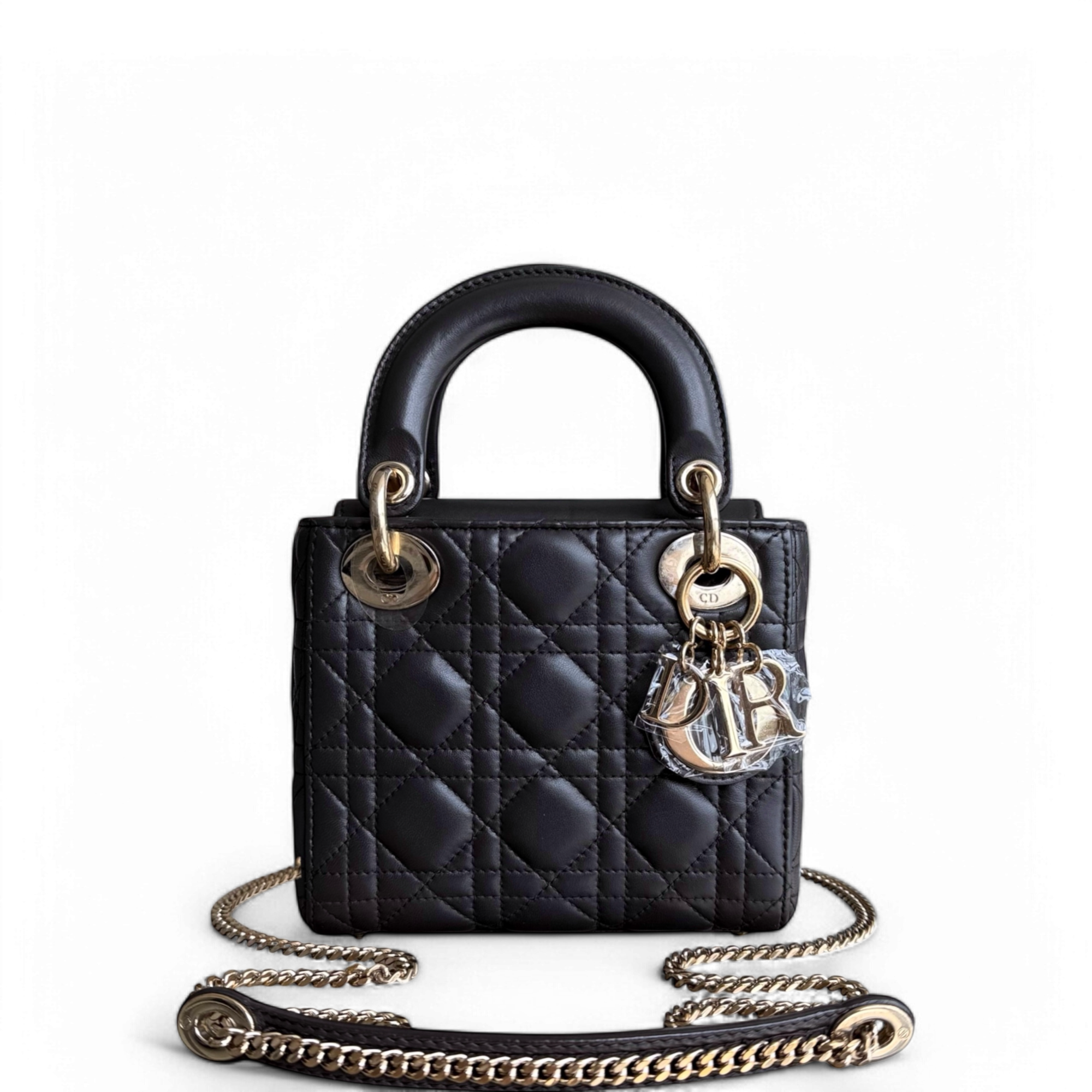 Dior Lady Mini - Cannage Lambskin Dark Grey Gray Gold Hardware Chain Strap