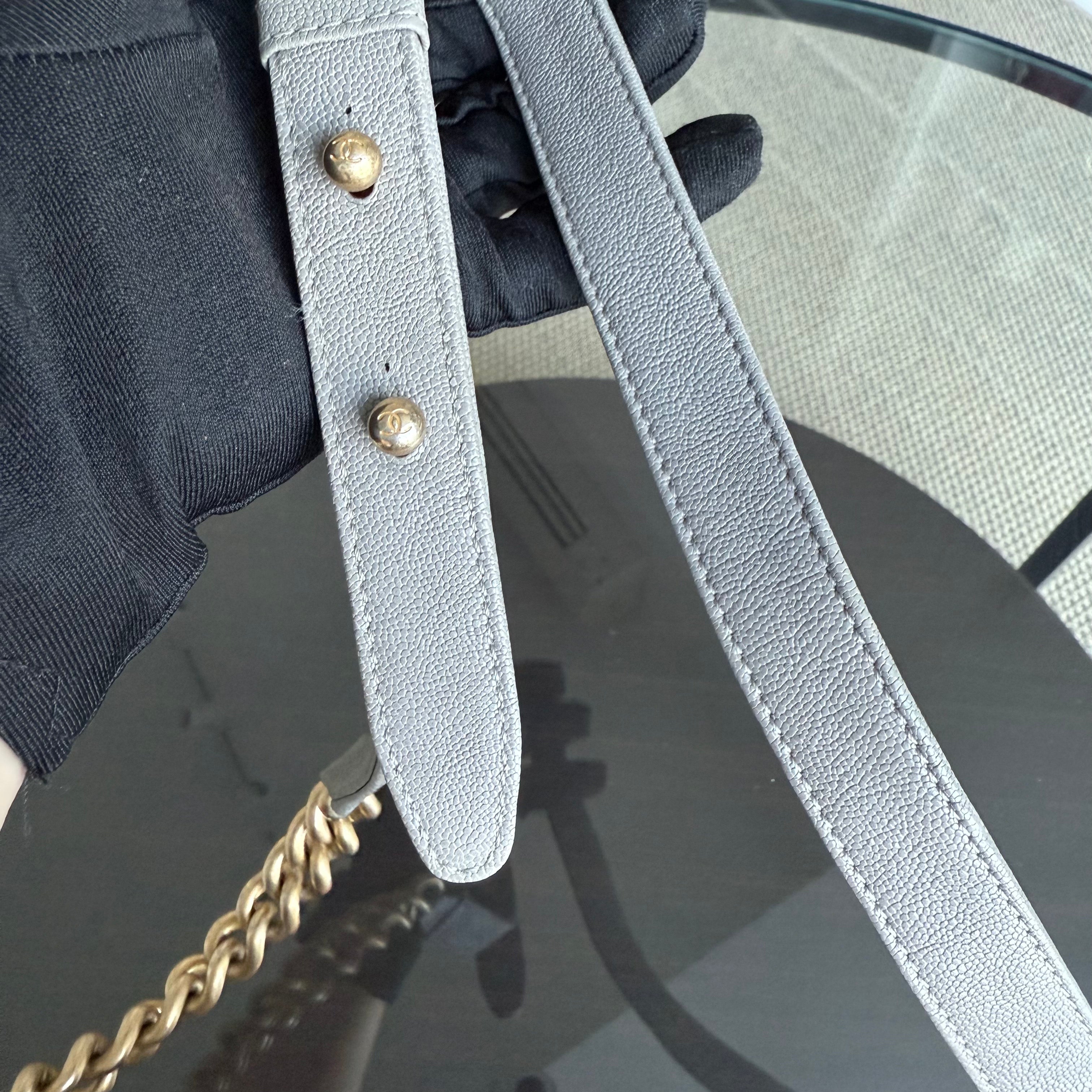 Chanel Boy Medium - Caviar 25CM Quilted Light Grey Gray Gold Hardware Series 26