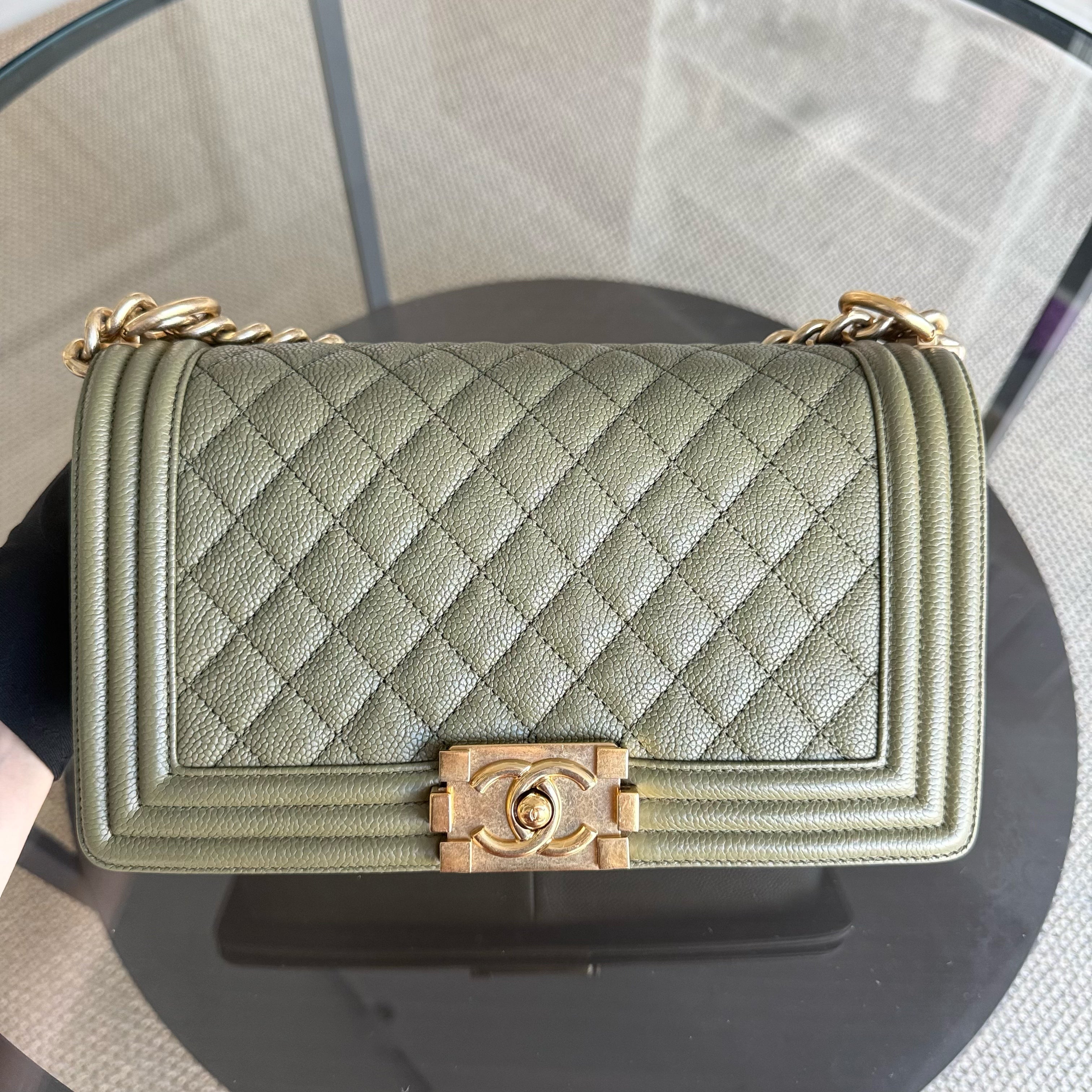 Chanel Boy Medium - Caviar 25CM Quilted Green Gold Hardware Series 23