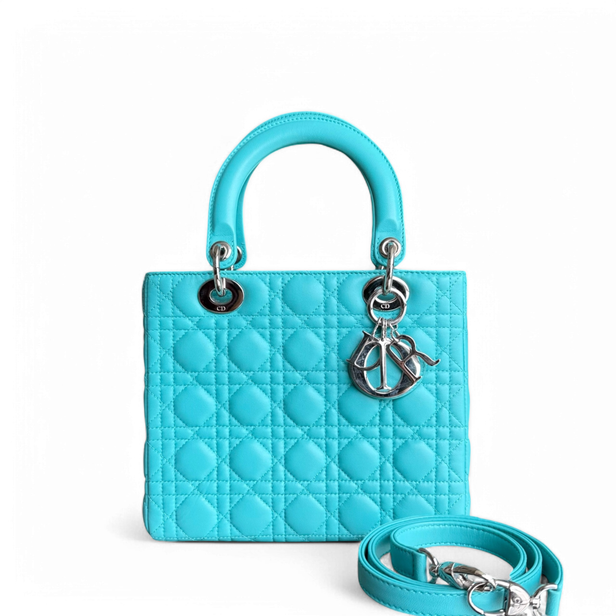 Dior Lady Medium - 25CM Cannage Lambskin Light Blue Silver Hardware