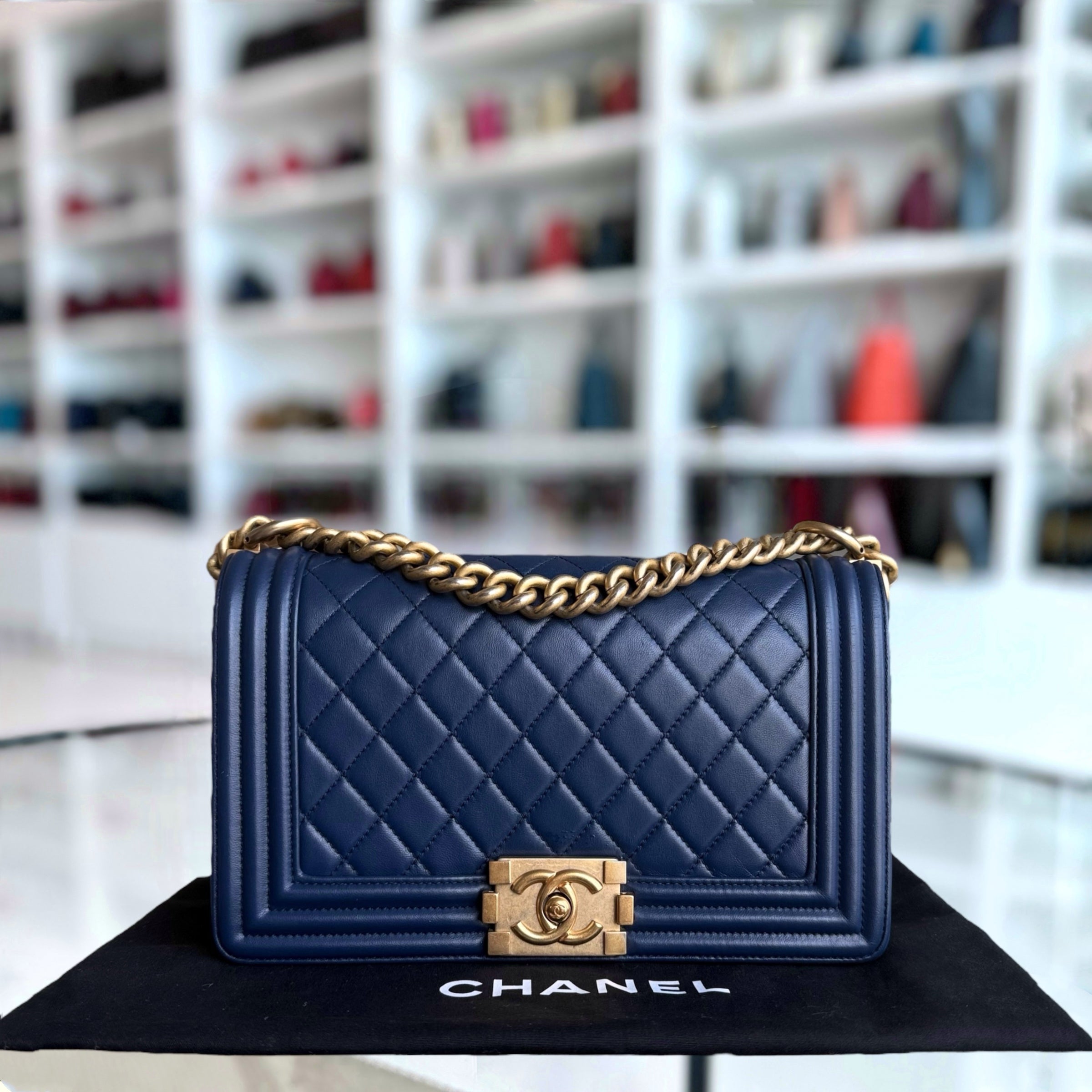Chanel Boy Medium - 25CM Quilted Lambskin Dark Blue Gold Hardware Series 24