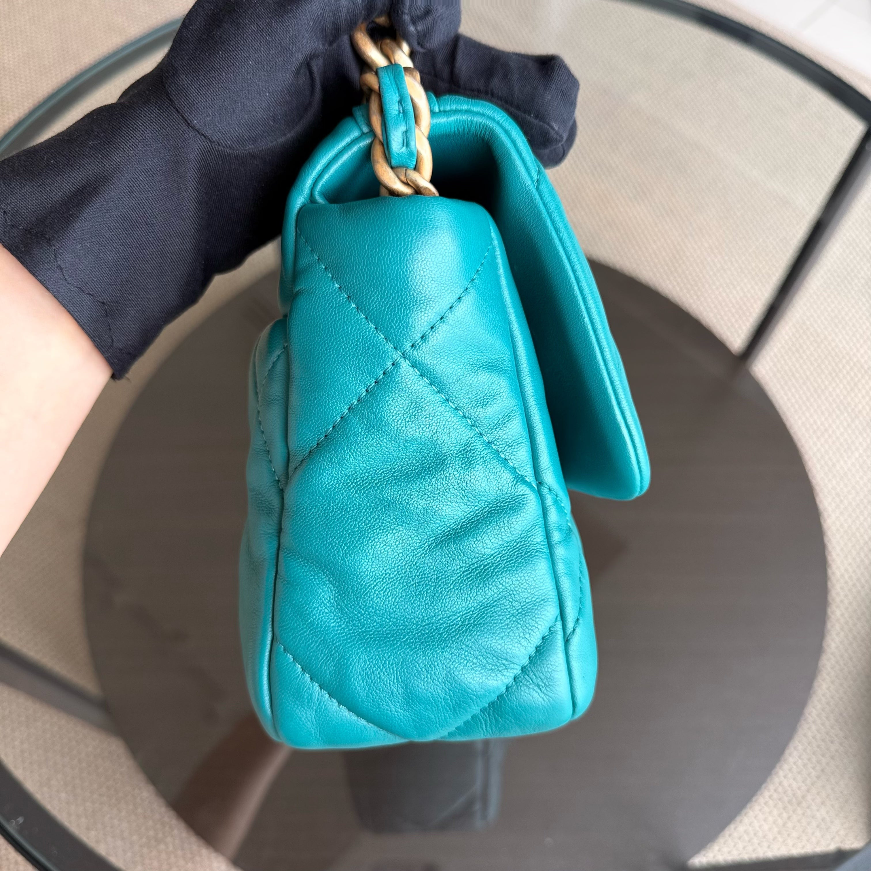 Chanel 19 Bag Small - Quilted Goatskin Green Blue Two-tone Hardware Series 30