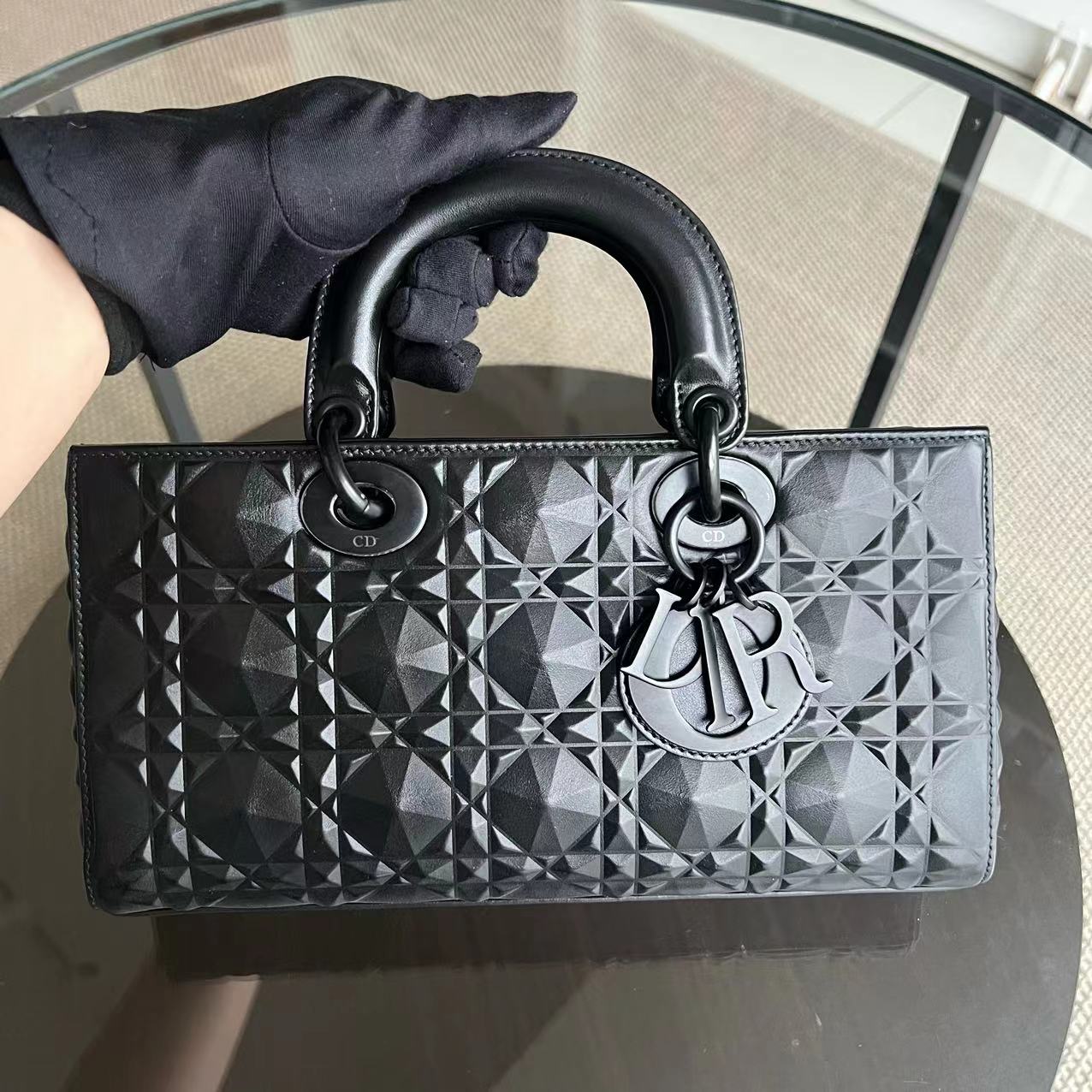 Dior D-Joy Medium - Black Cannage Dimond Motif All Black Hardware