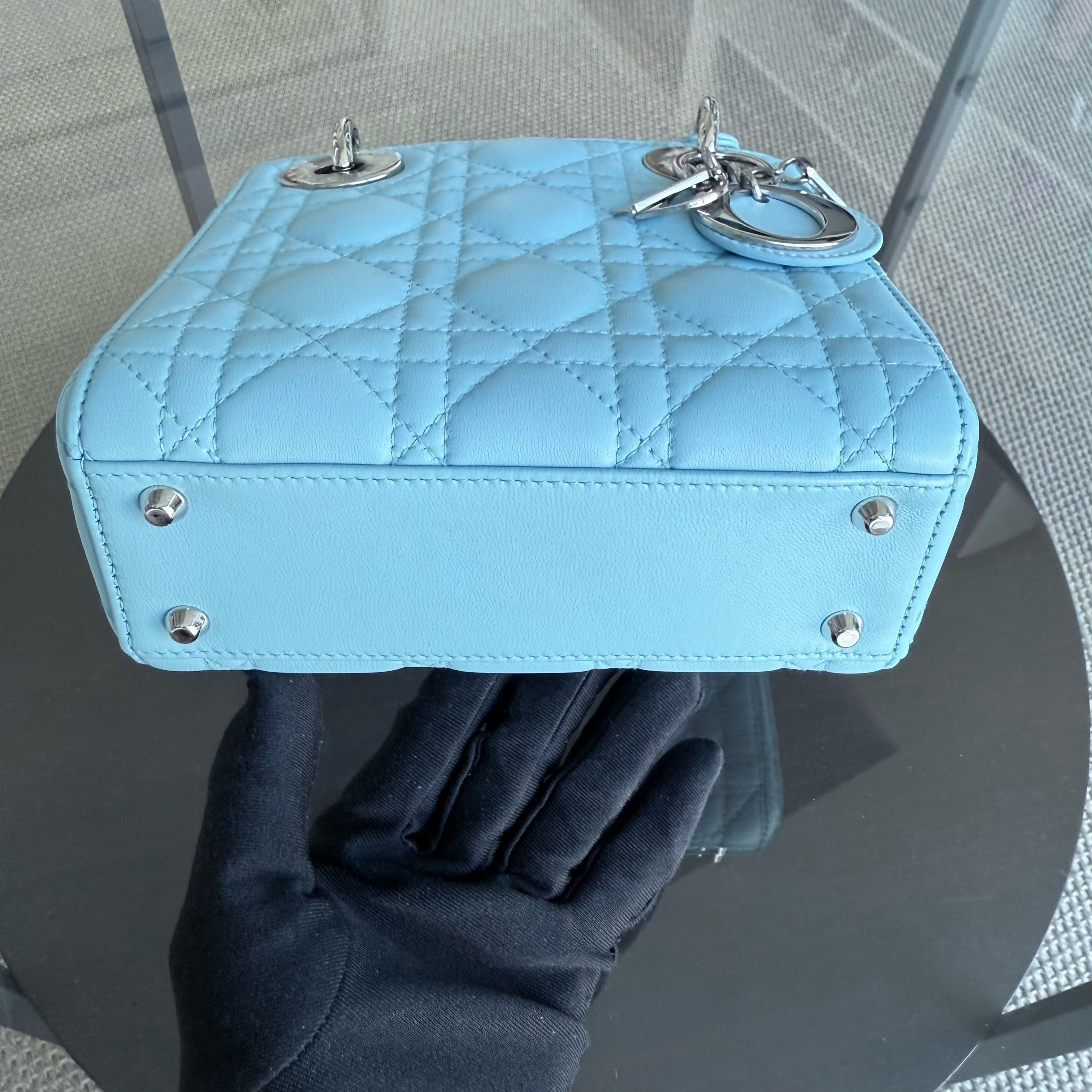 Dior Lady Mini - Cannage Lambskin Light Blue Silver Hardware Adjustable strap