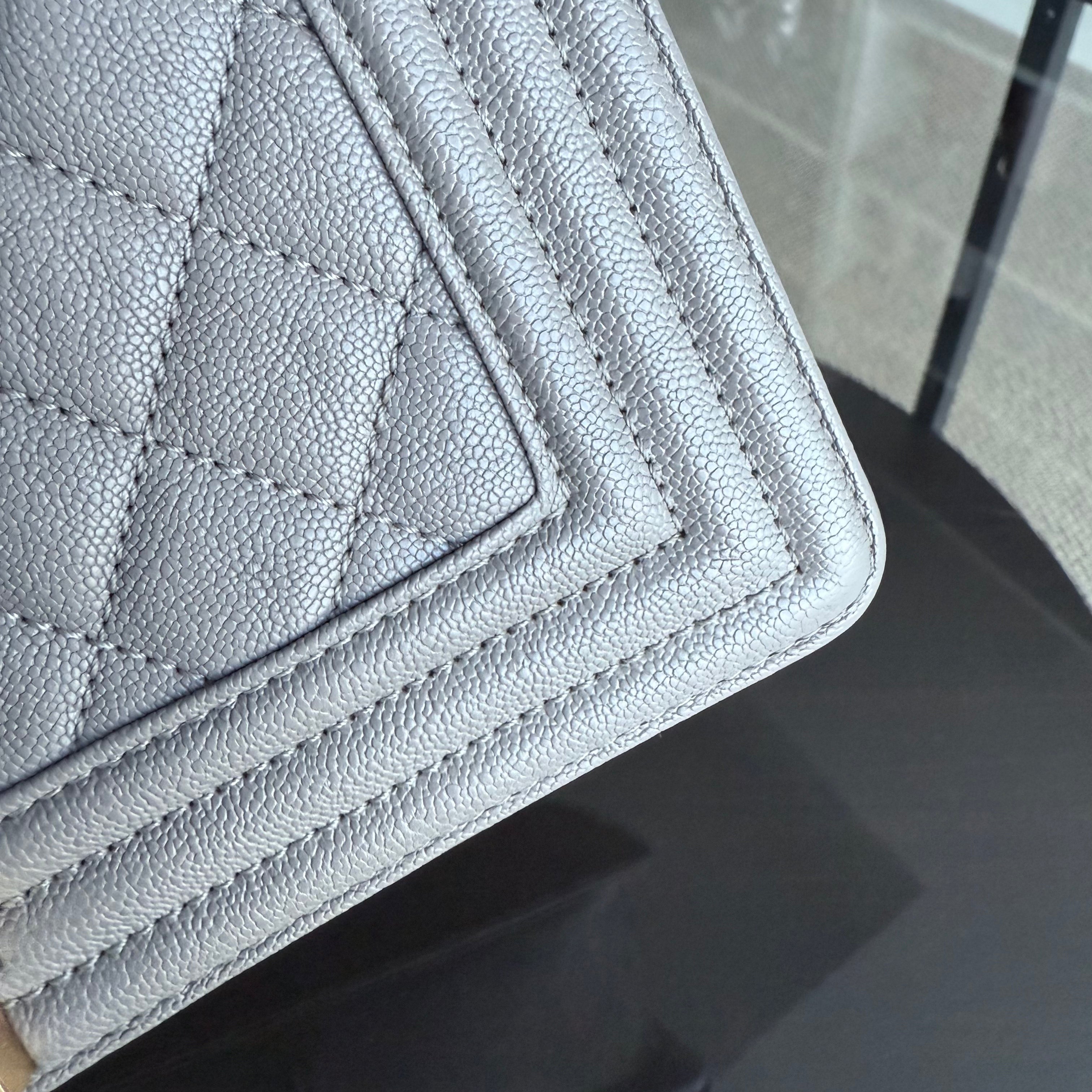 Chanel Boy Medium - Caviar 25CM Quilted Light Grey Gray Gold Hardware Series 26