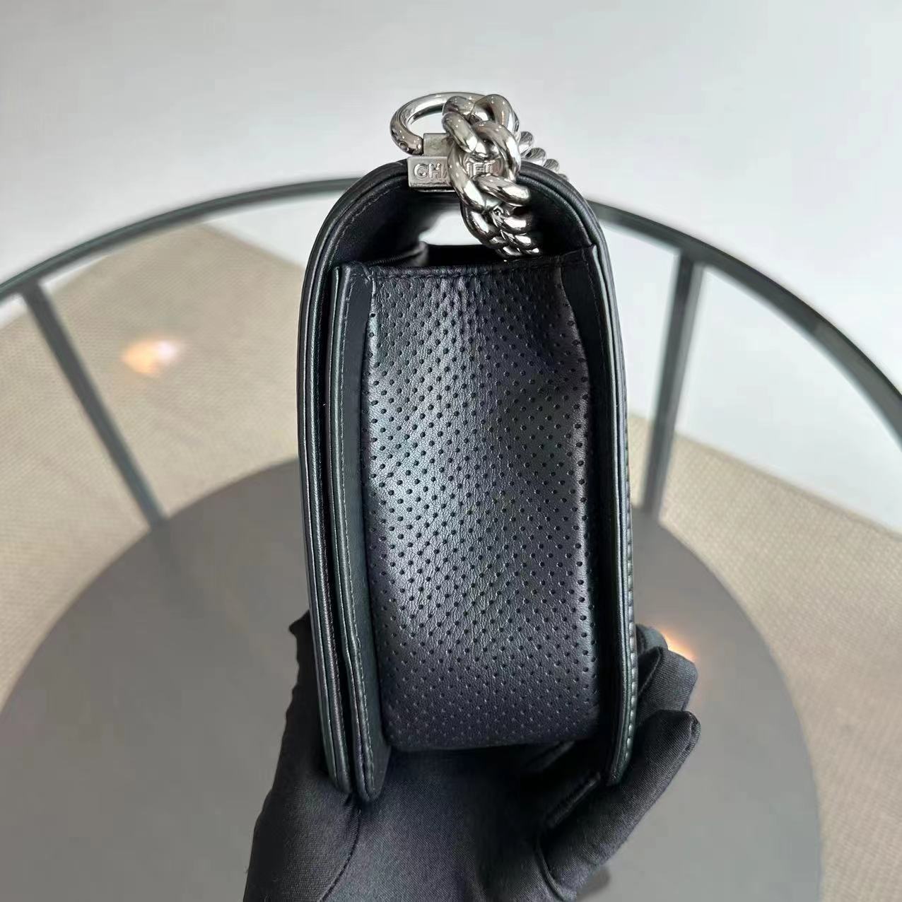 Chanel Boy Medium - 28CM Quilted Lambskin Perforated Black Silver Hardware Series 19