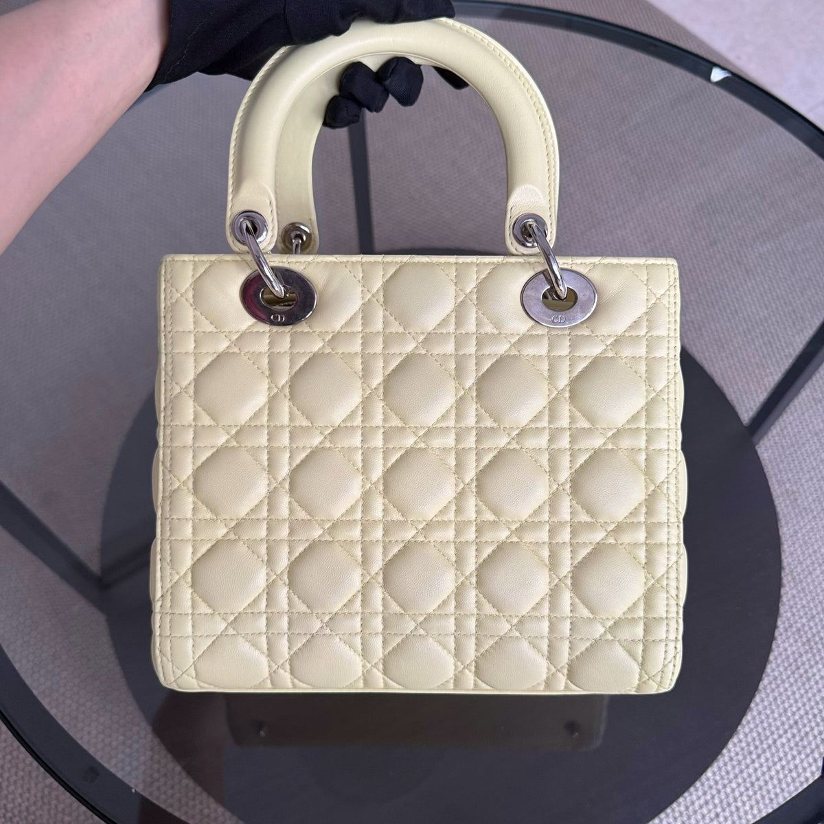 Dior Lady Medium - Cannage Lambskin Light Yellow Silver Hardware