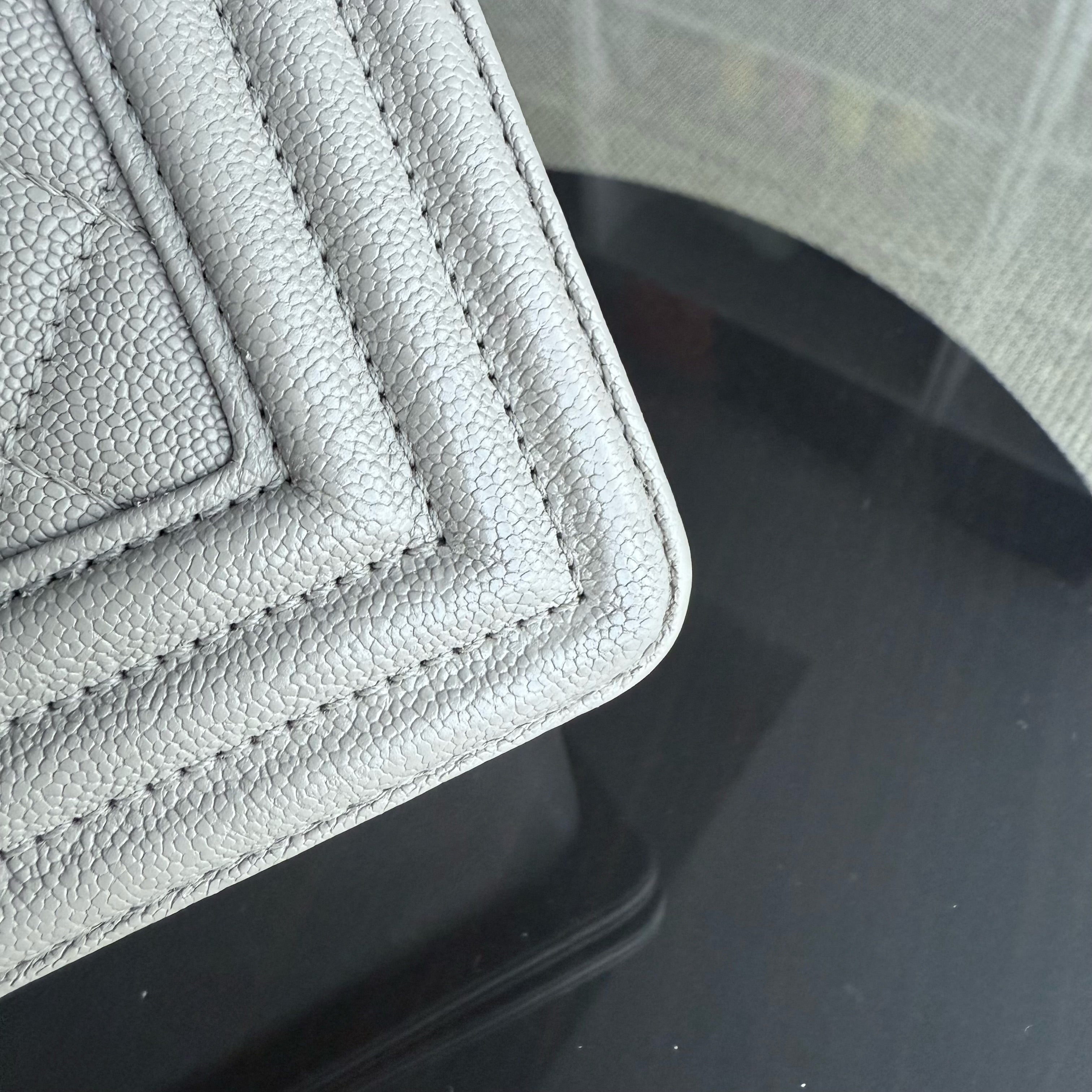 Chanel Boy Medium - Caviar 25CM Quilted Grained Calfskin Grey Gray Gold Hardware Series 27