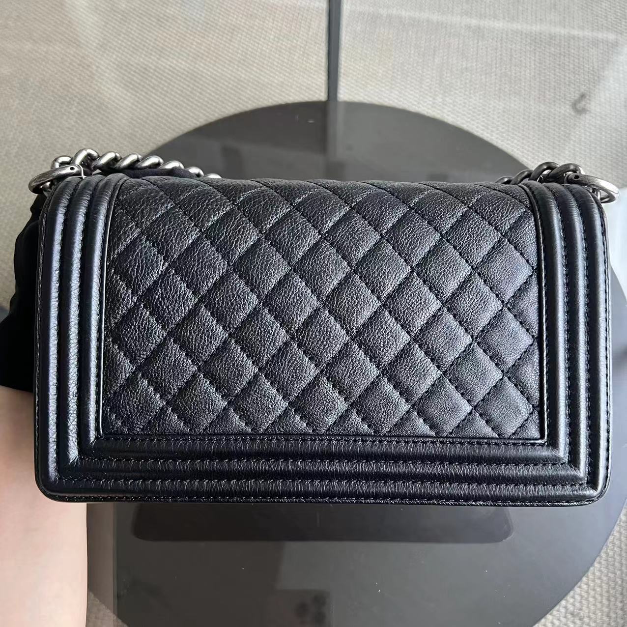 Calfskin Boy Old Medium 25CM Medium Quilted Black Ruthenium Silver Hardware Series 18
