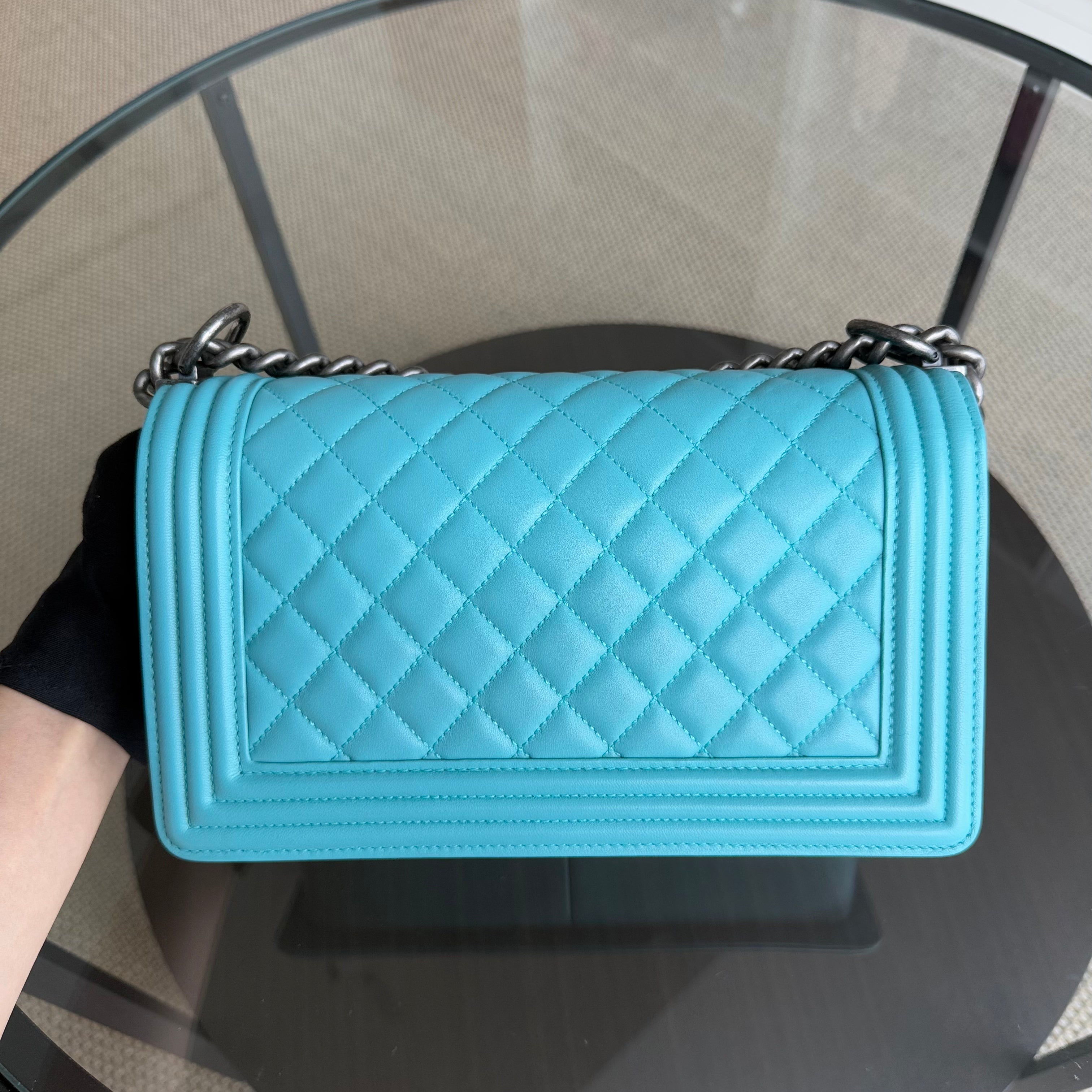 Chanel Boy Medium - 25CM Quilted Lambskin Cyan Blue Ruthenium Silver Hardware Series 19