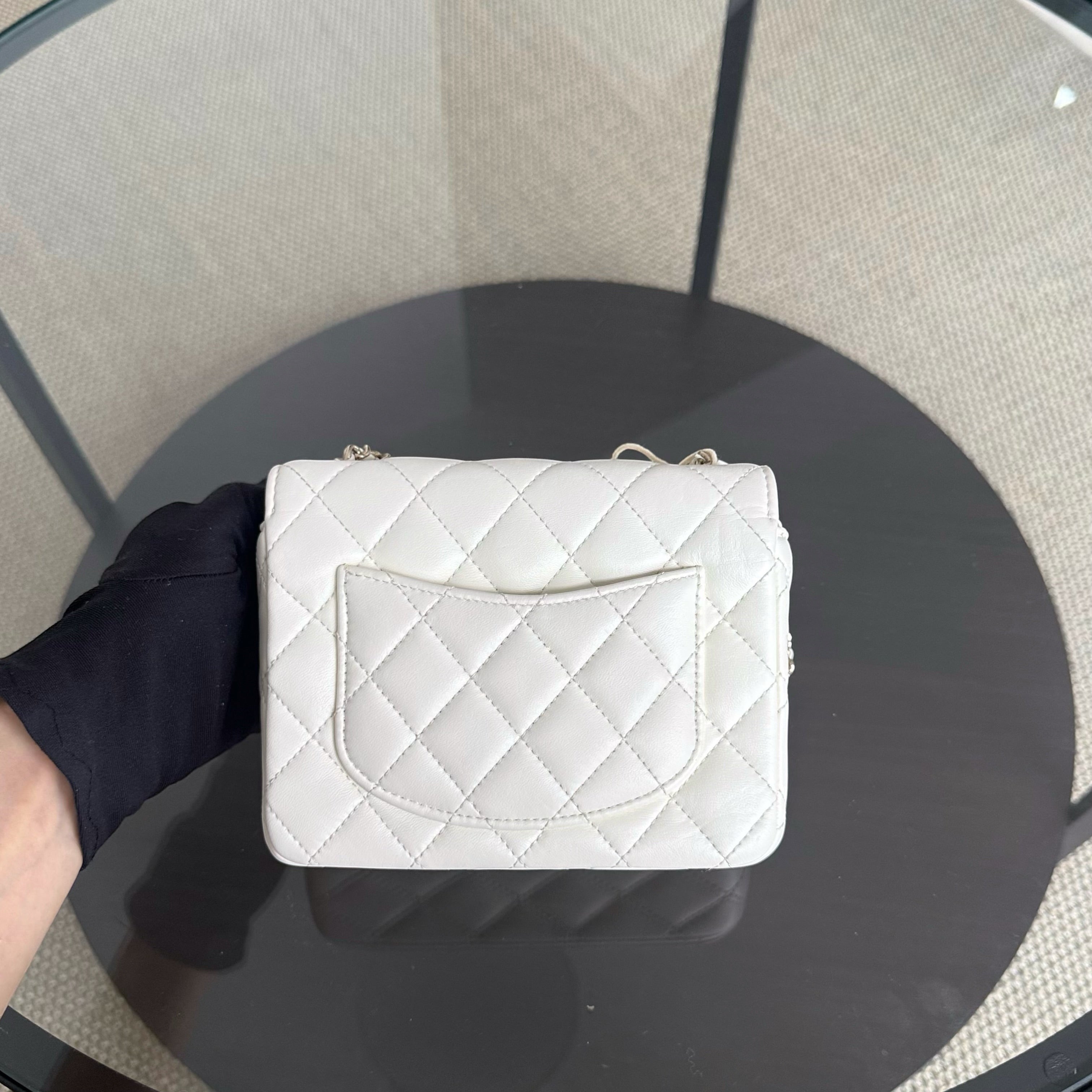 Chanel Classic Flap Mini Square - Lambskin Quilted White Gold Hardware Microchip
