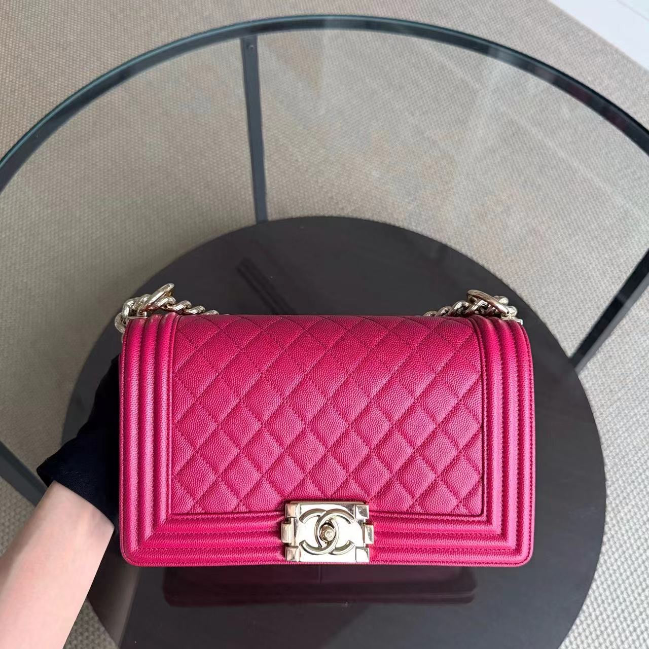Chanel Boy Medium - Caviar 25CM Quilted Grained Calfskin Hot Pink Gold Hardware Series 23