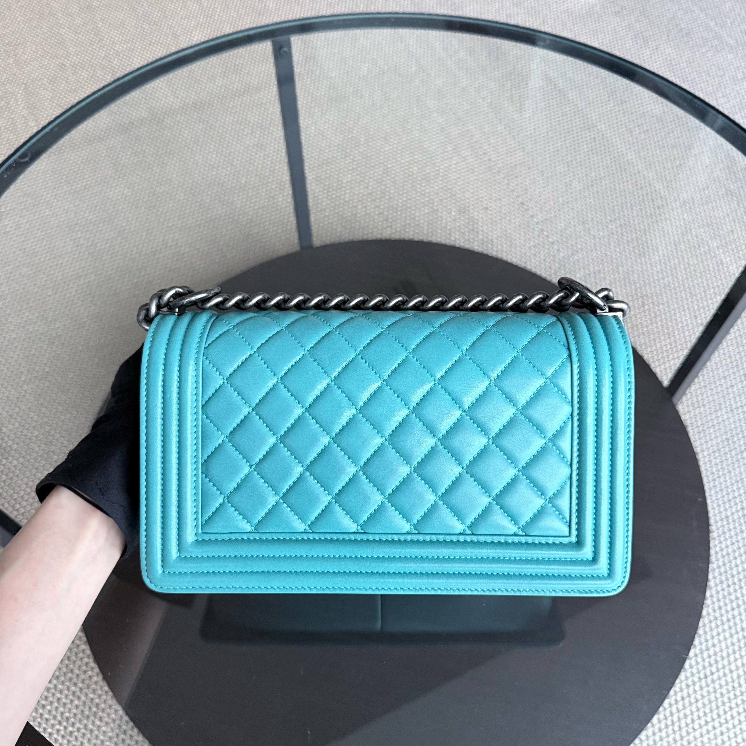 Chanel Boy Medium - 25CM Quilted Lambskin Blue Ruthenium Silver Hardware Series 19
