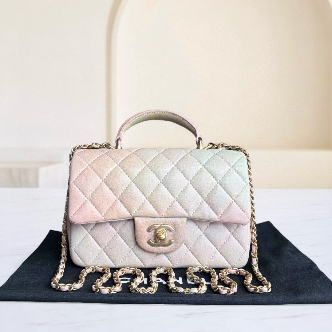 Chanel Classic Flap Mini Top Handle -Quilted Lambskin Ombre Rainbow Gold Hardware Microchip