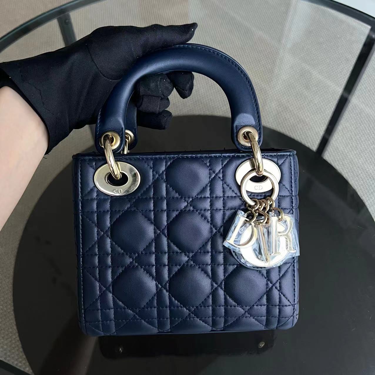DEPOSIT of Lady Mini Lambskin Cannage Dark Blue Golden Hardware Chain Strap