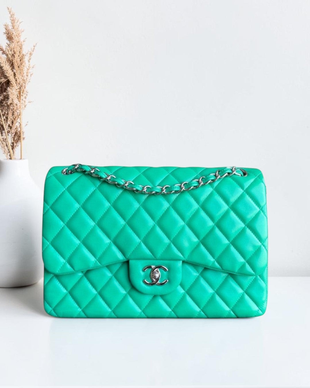 Chanel Classic Flap Jumbo - Double Flap 30CM Quilted Lambskin Green Silver Hardware Series 16