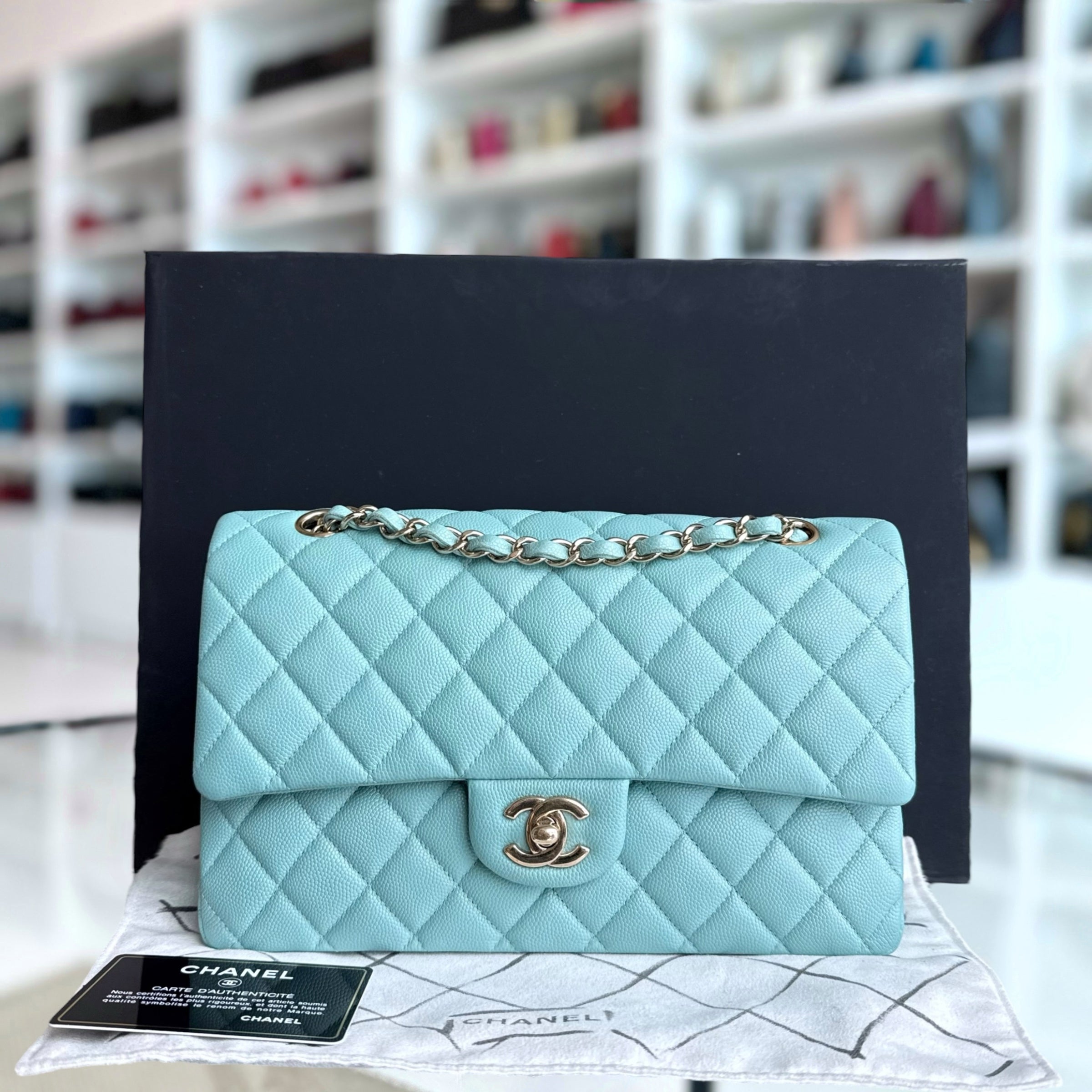 Chanel Classic Flap Medium - Caviar 25CM Quilted Light Blue Gold Hardware Series 29