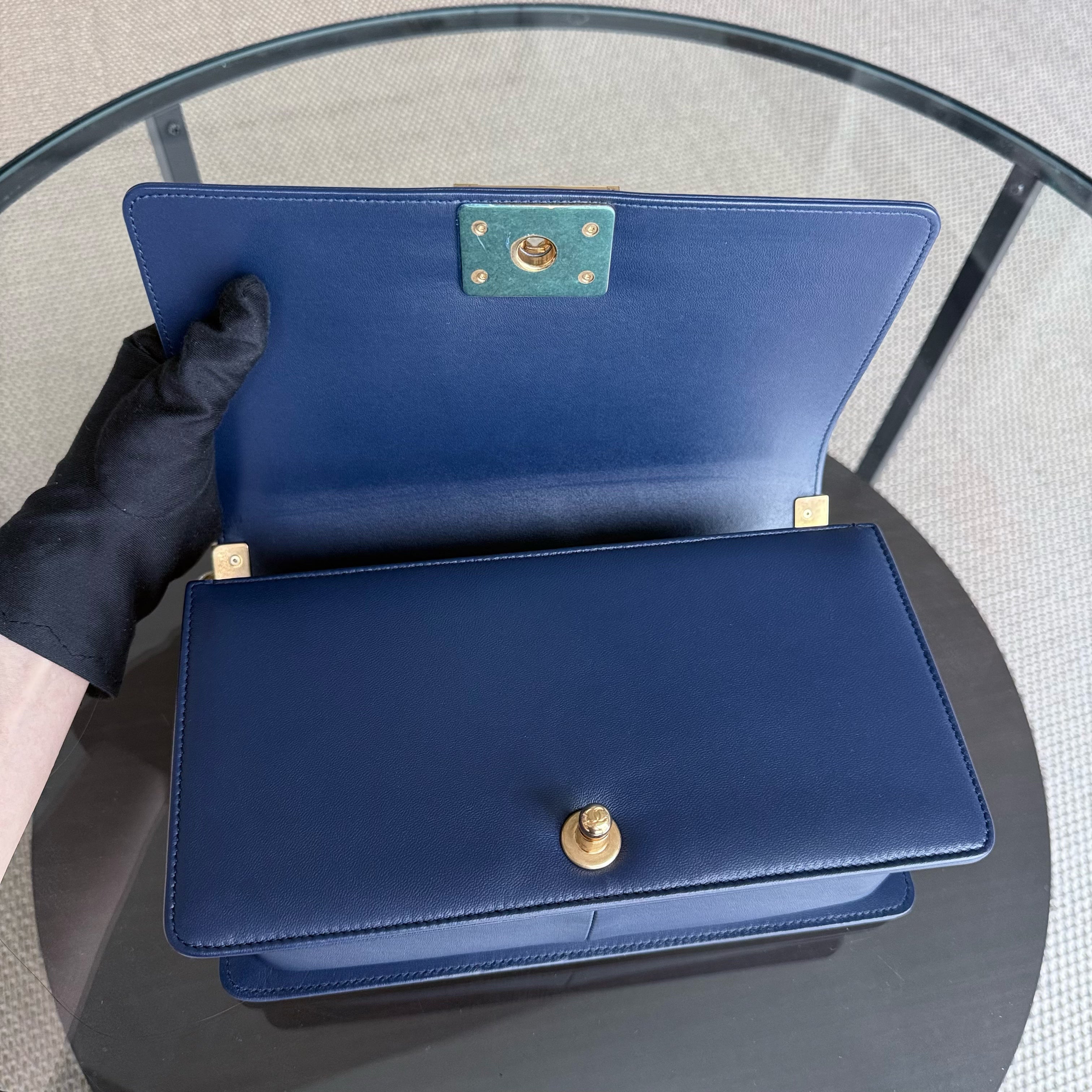 Chanel Boy Meidum - 25CM Quilted Lambskin Dark Blue Gold Hardware Series 21