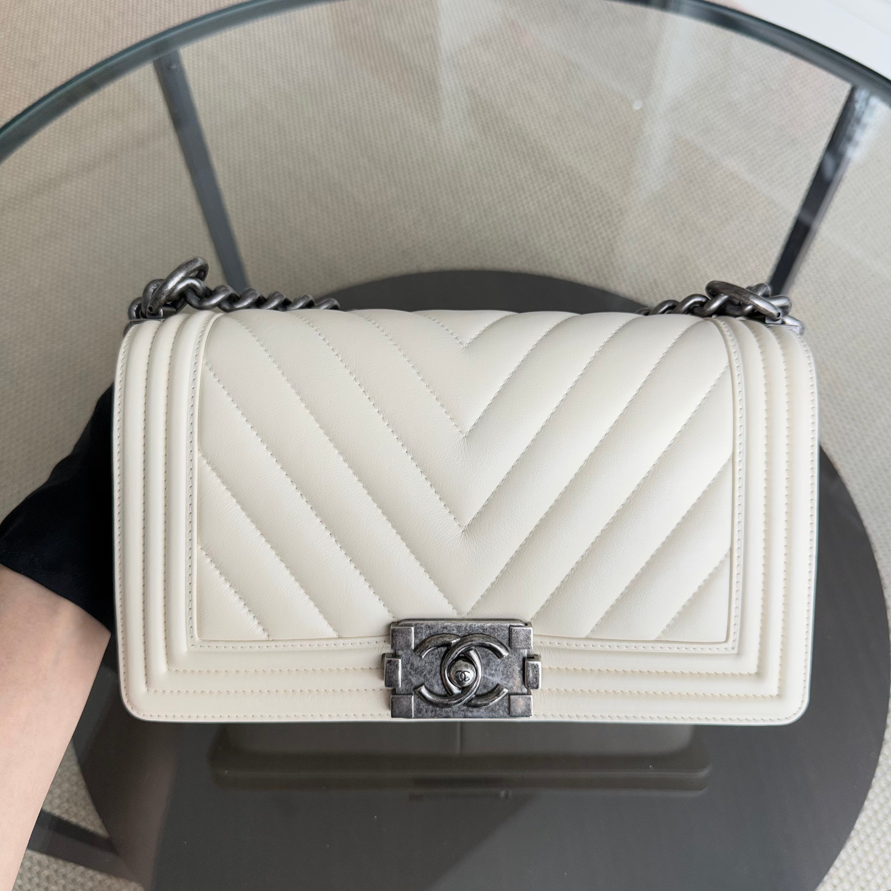 Chanel Boy Medium - 25CM Chevron Calfskin Cream White Ruthenium Silver Hardware Series 20