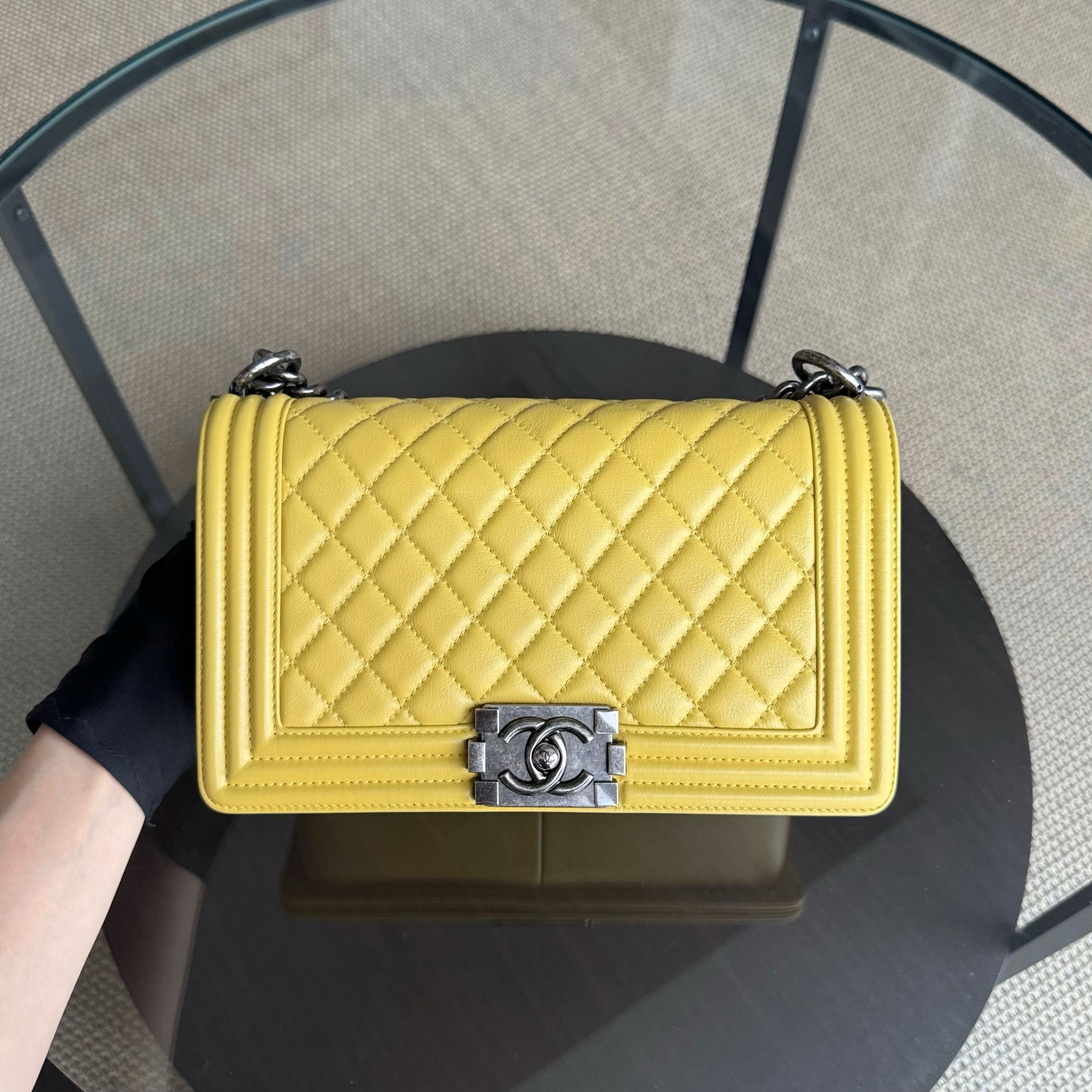 Chanel Boy Medium - Quilted Calfskin Yellow Ruthenium Silver Hardware Series 23