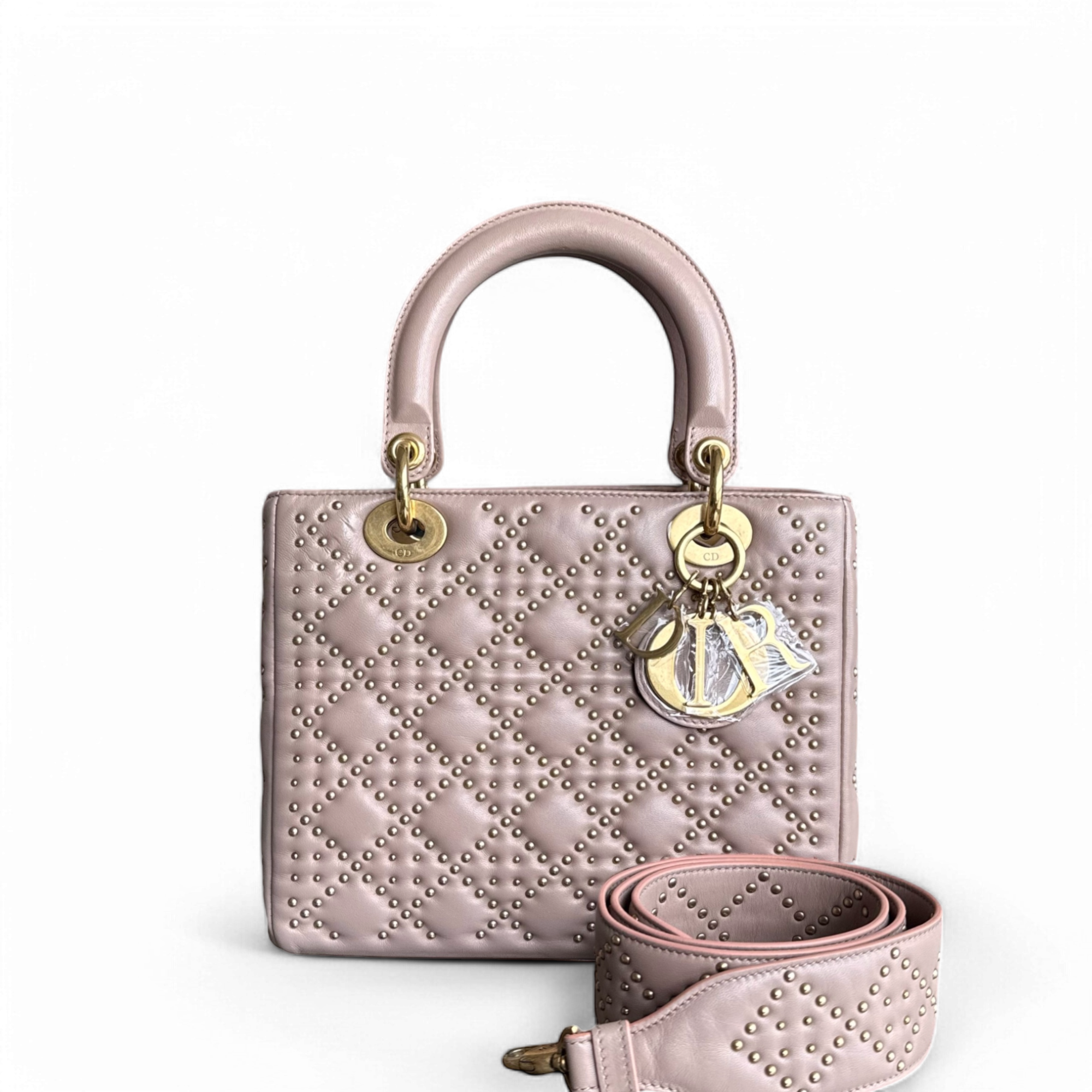 Dior Lady Medium - Studded Cannage Lambskin Blush Gold Hardware