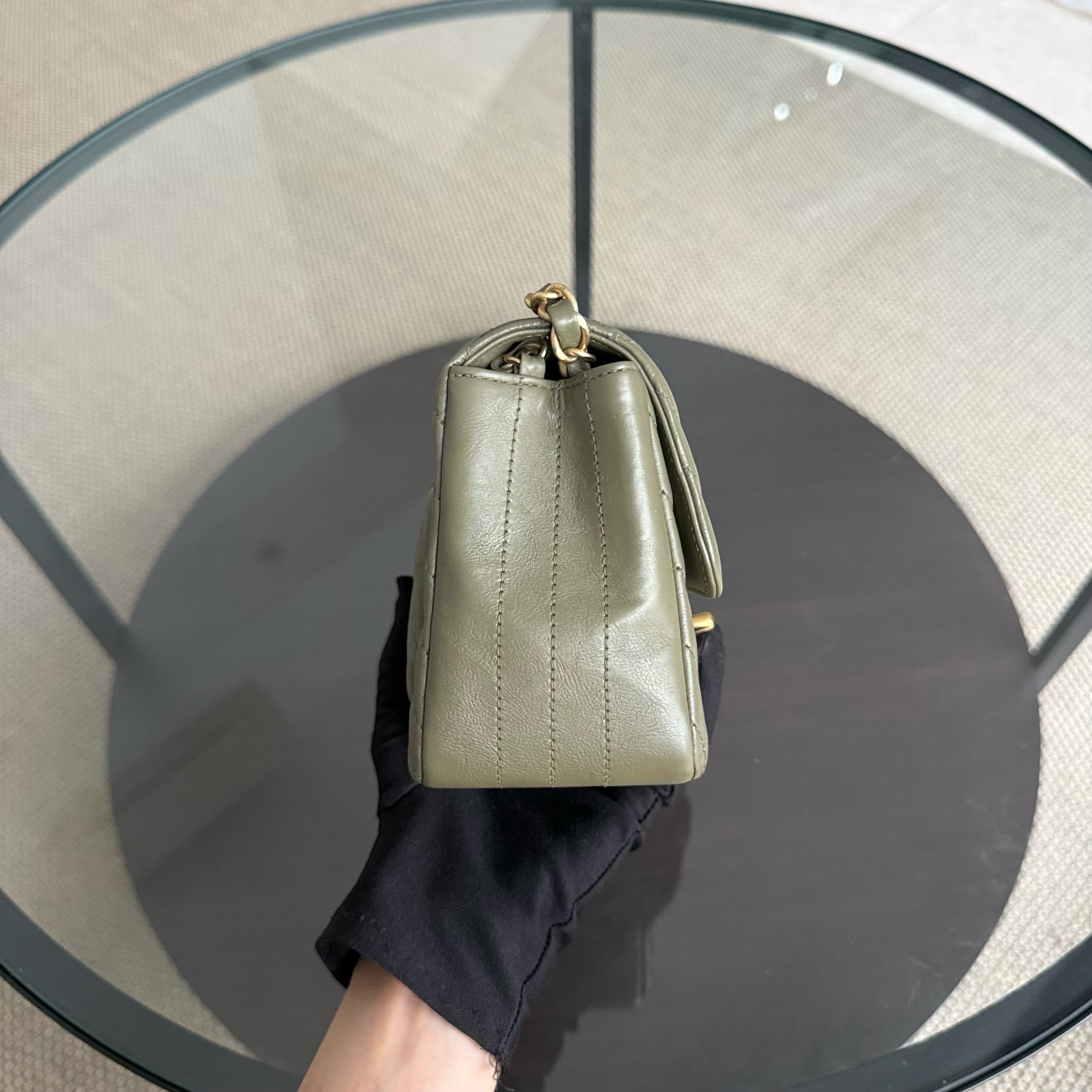 Chanel Classic Flap Mini Square - Calfskin Quilted Olive Green Gold Hardware Series 23