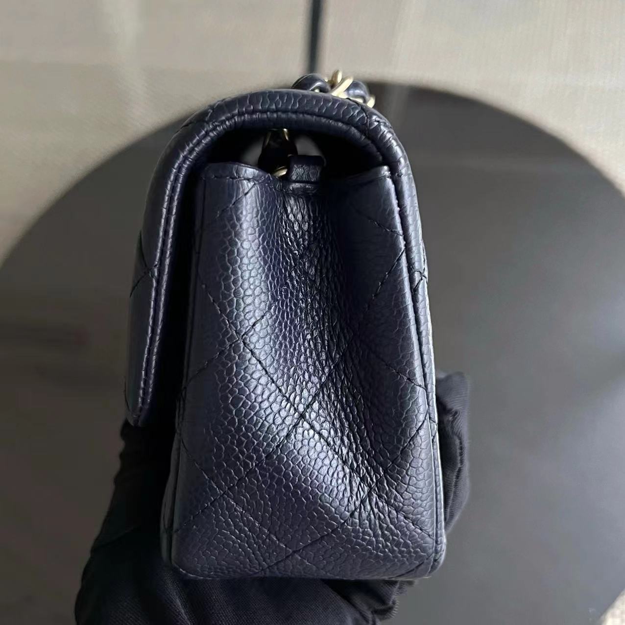 Caviar Mini Rectangle Classic Flap Quilted Grained Calfskin Dark Blue Golden Hardware Series 21