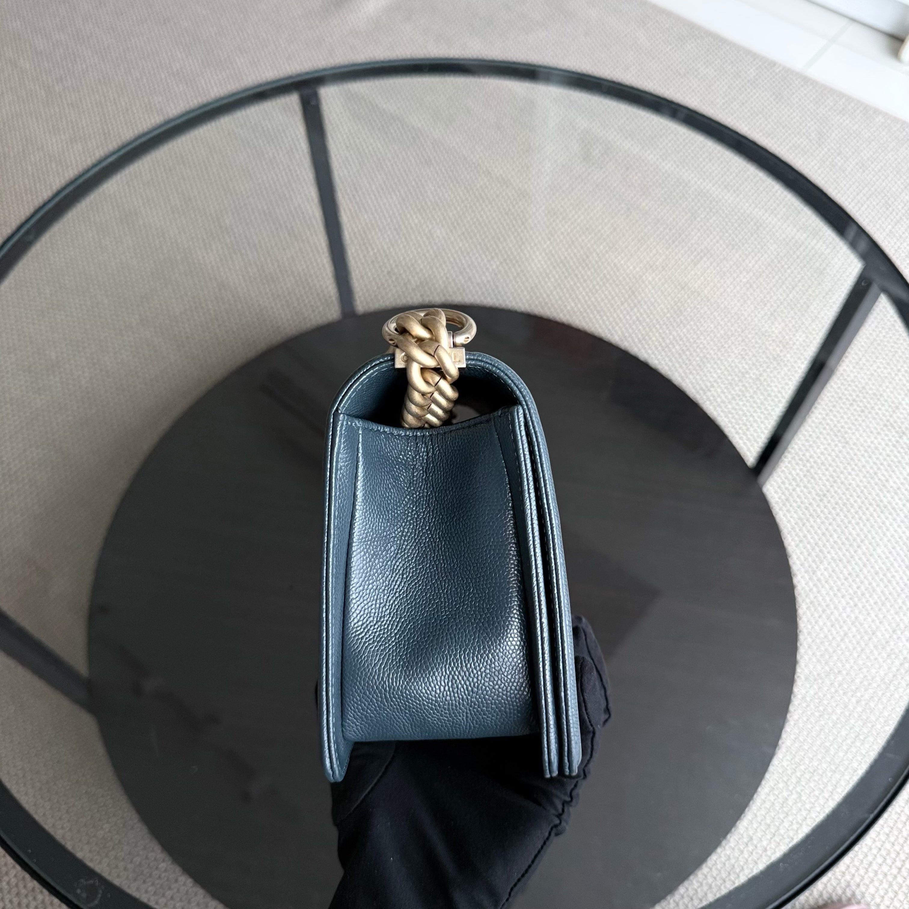 Chanel Boy Medium - Caviar 25CM Chevron Grained Calfskin Blue Gold Hardware Series 25