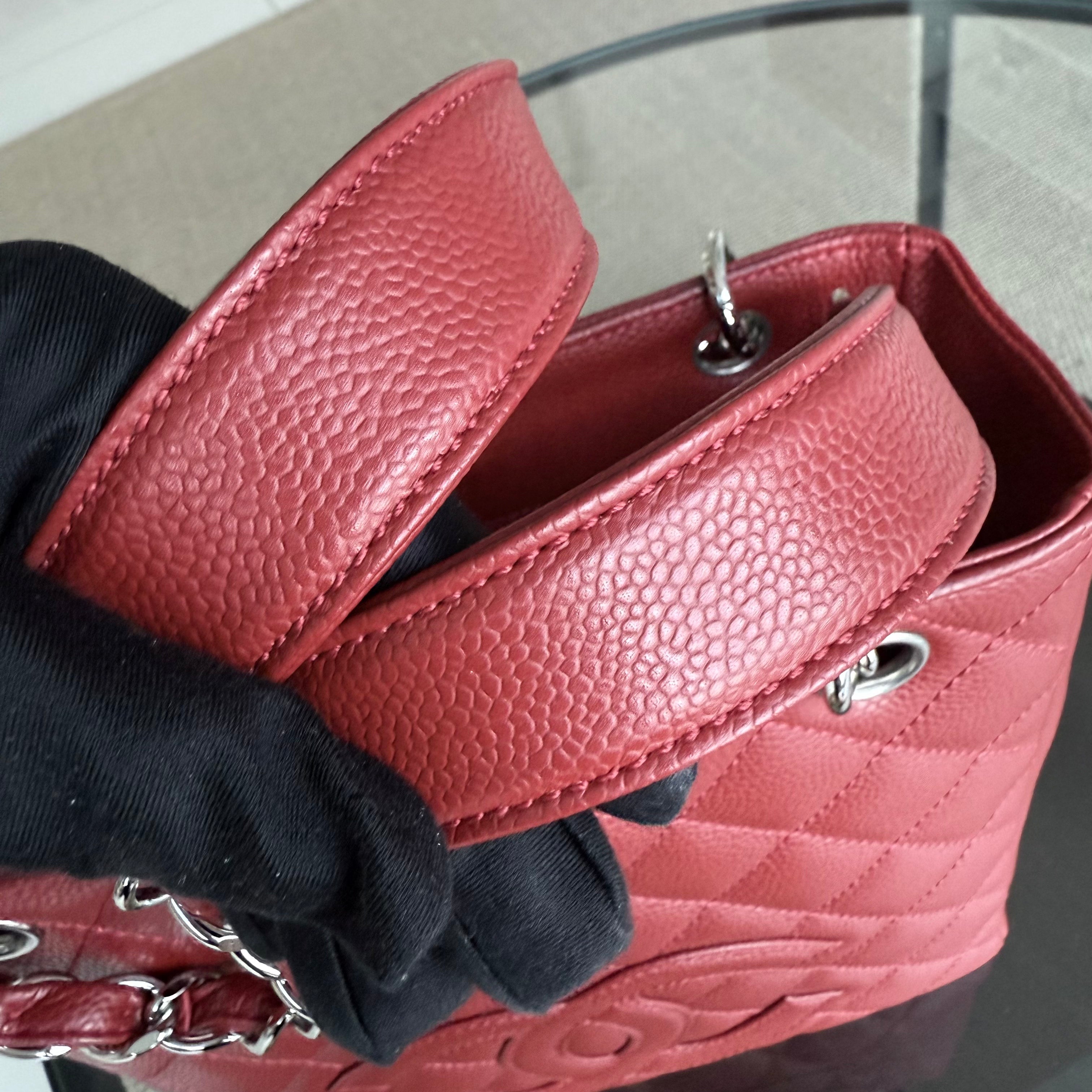 Chanel PST Petite Shopping Tote - Caviar Quilted Red Silver Hardware Series 13