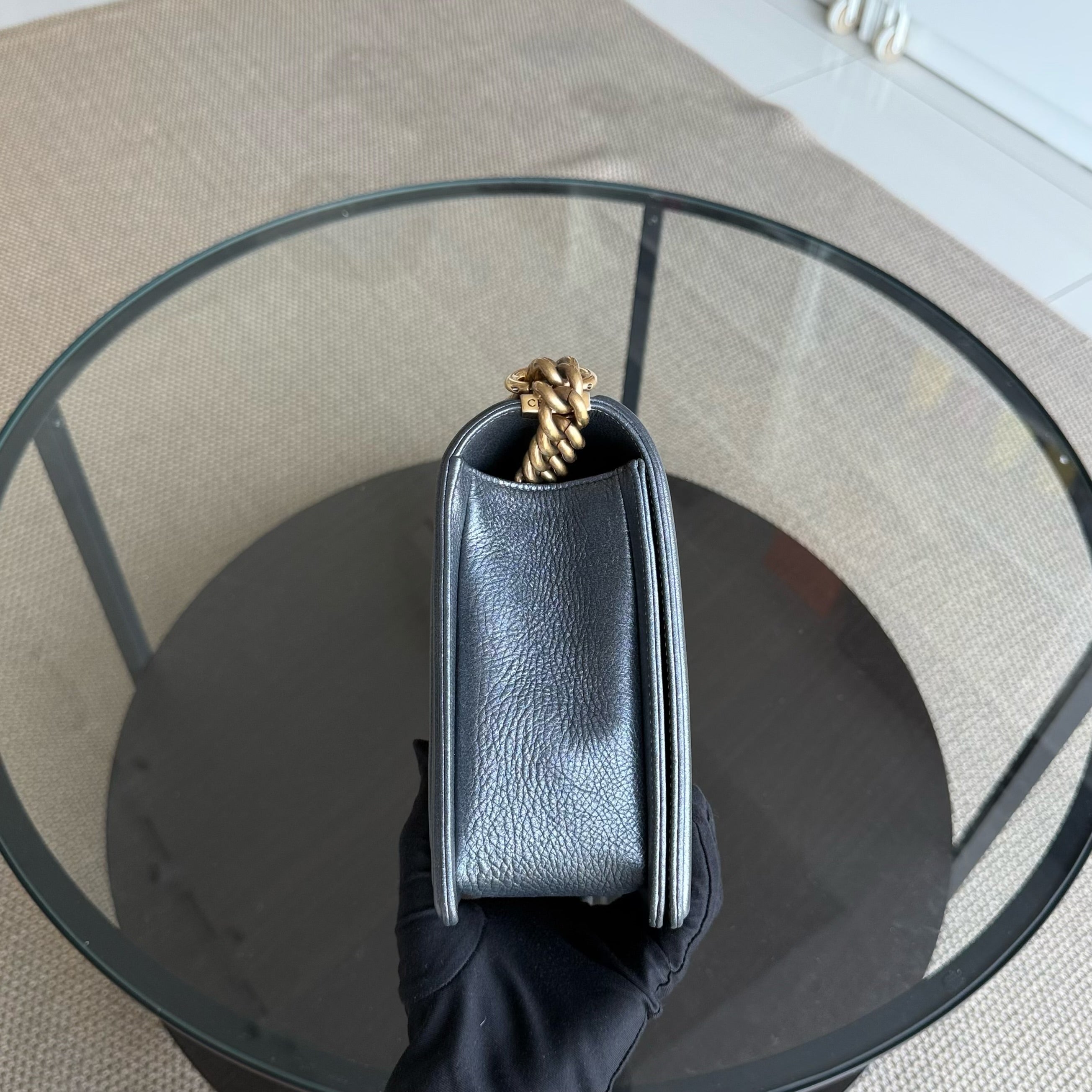 Chanel Boy New Medium - 28CM Quilted Grained Calfskin Dark Gray Ruthenium Gold Hardware Series 20