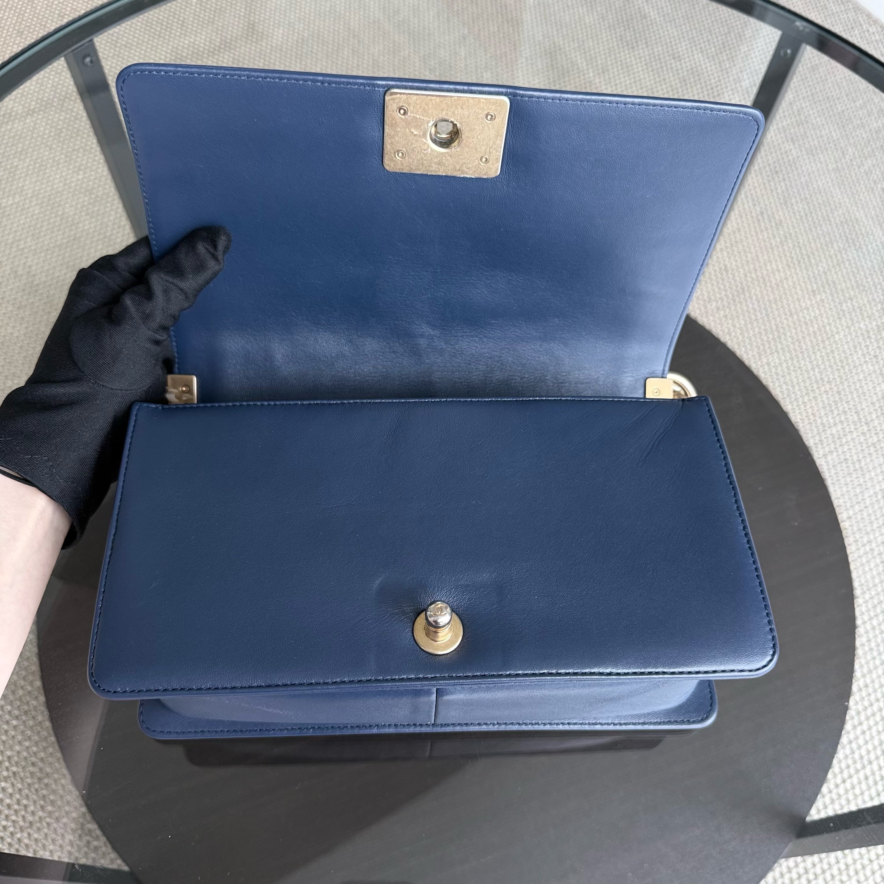 Chanel Boy Medium - 25CM Quilted Lambskin Dark Blue Gold Hardware Series 24