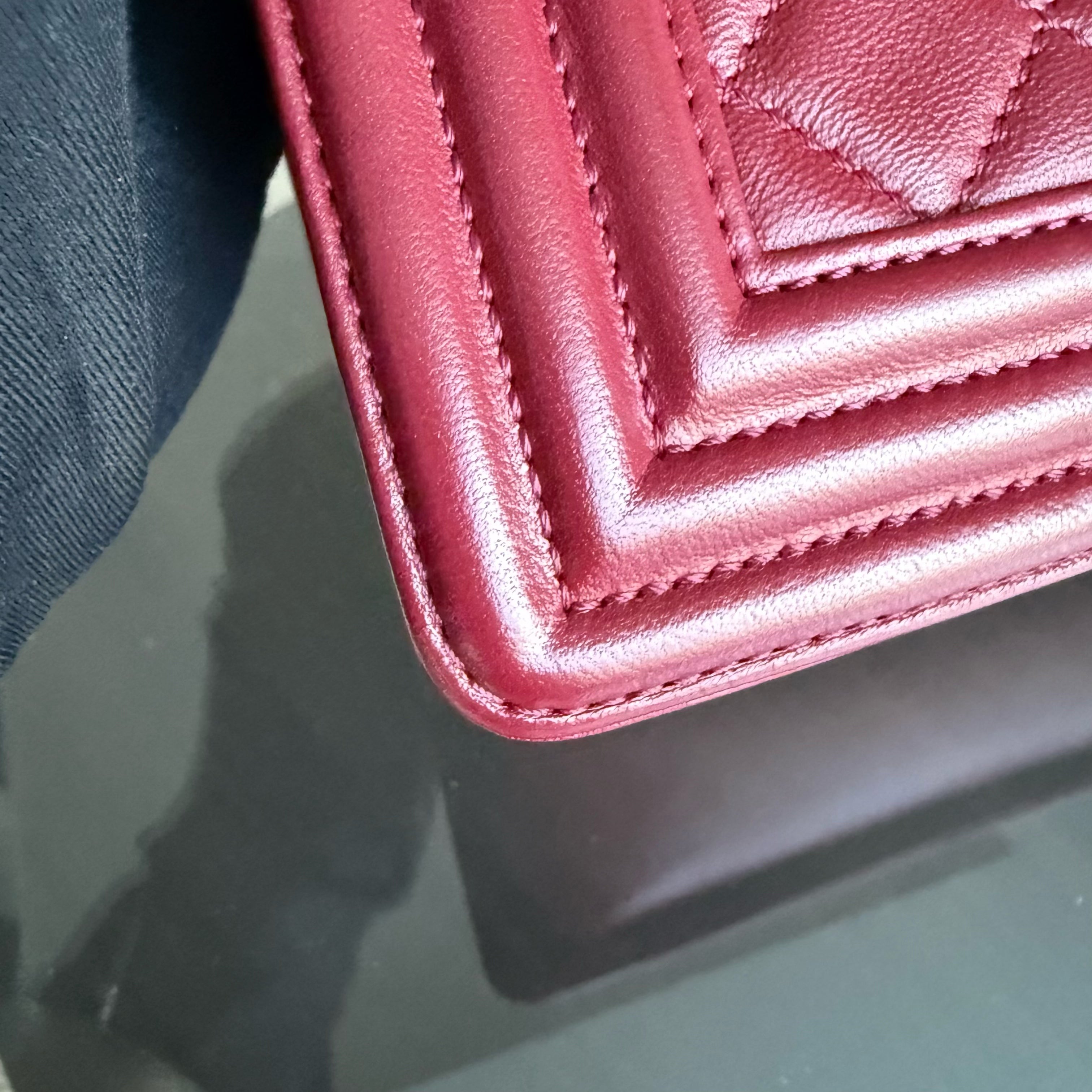 Chanel Boy Medium - 25CM Quilted Lambskin Dark Red Gold Hardware Series 19