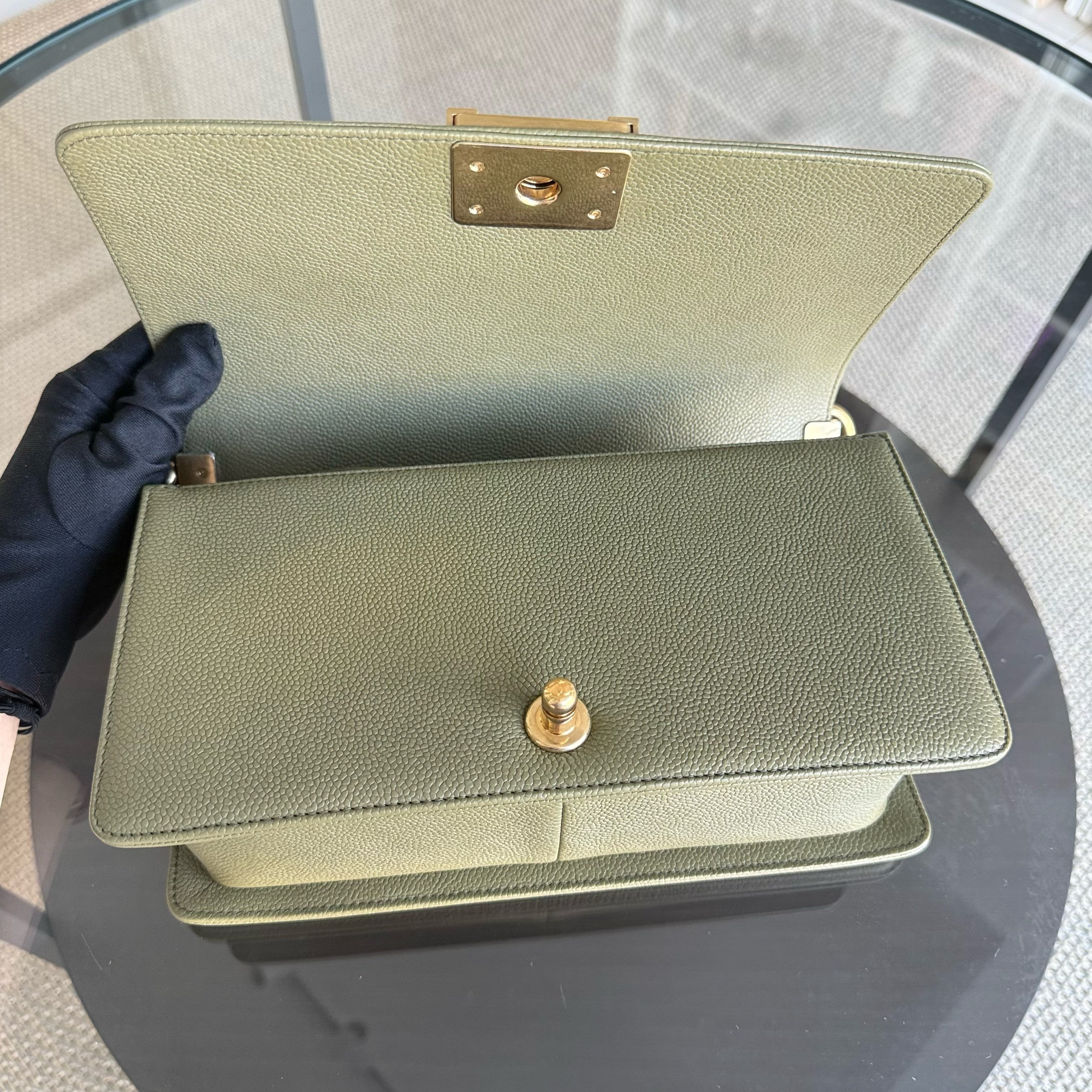 Chanel Boy Medium - Caviar 25CM Quilted Green Gold Hardware Series 23