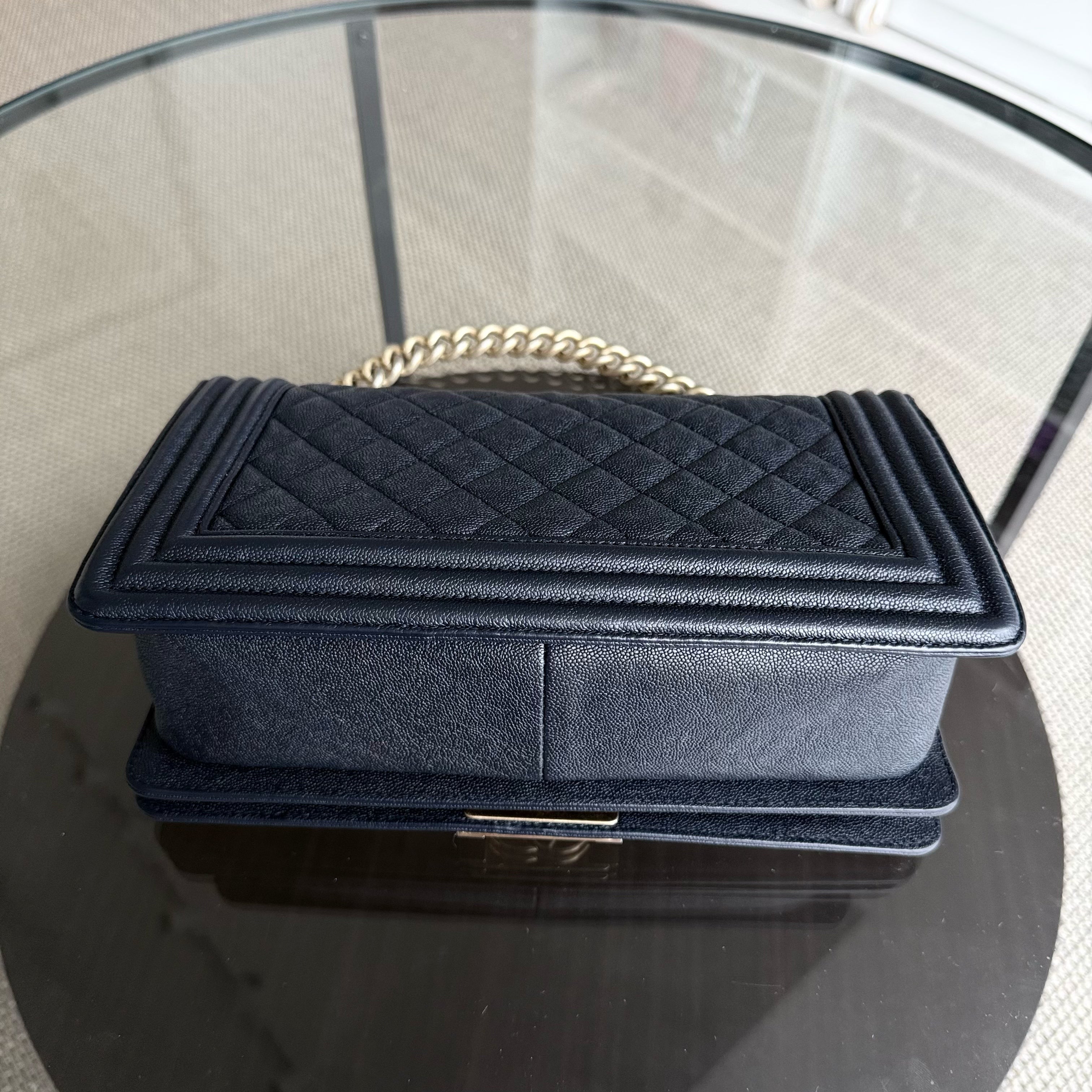 Chanel Boy Medium - Caviar 25CM Quilted Midnight Dark Blue Gold Hardware Series 27