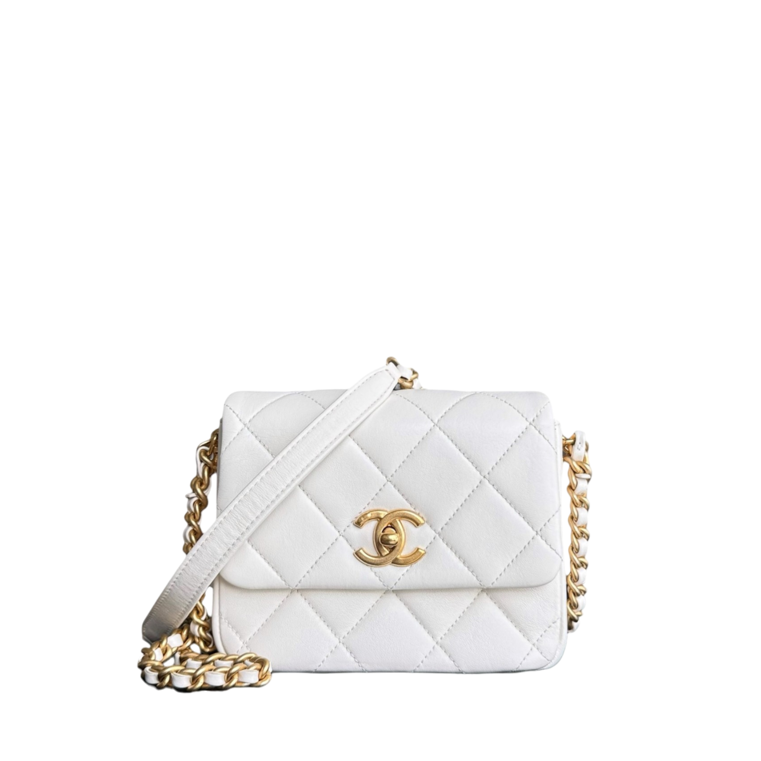 Chanel Classic Flap Mini Square - 17CM Quilted Lambskin White Gold Hardware Microchip