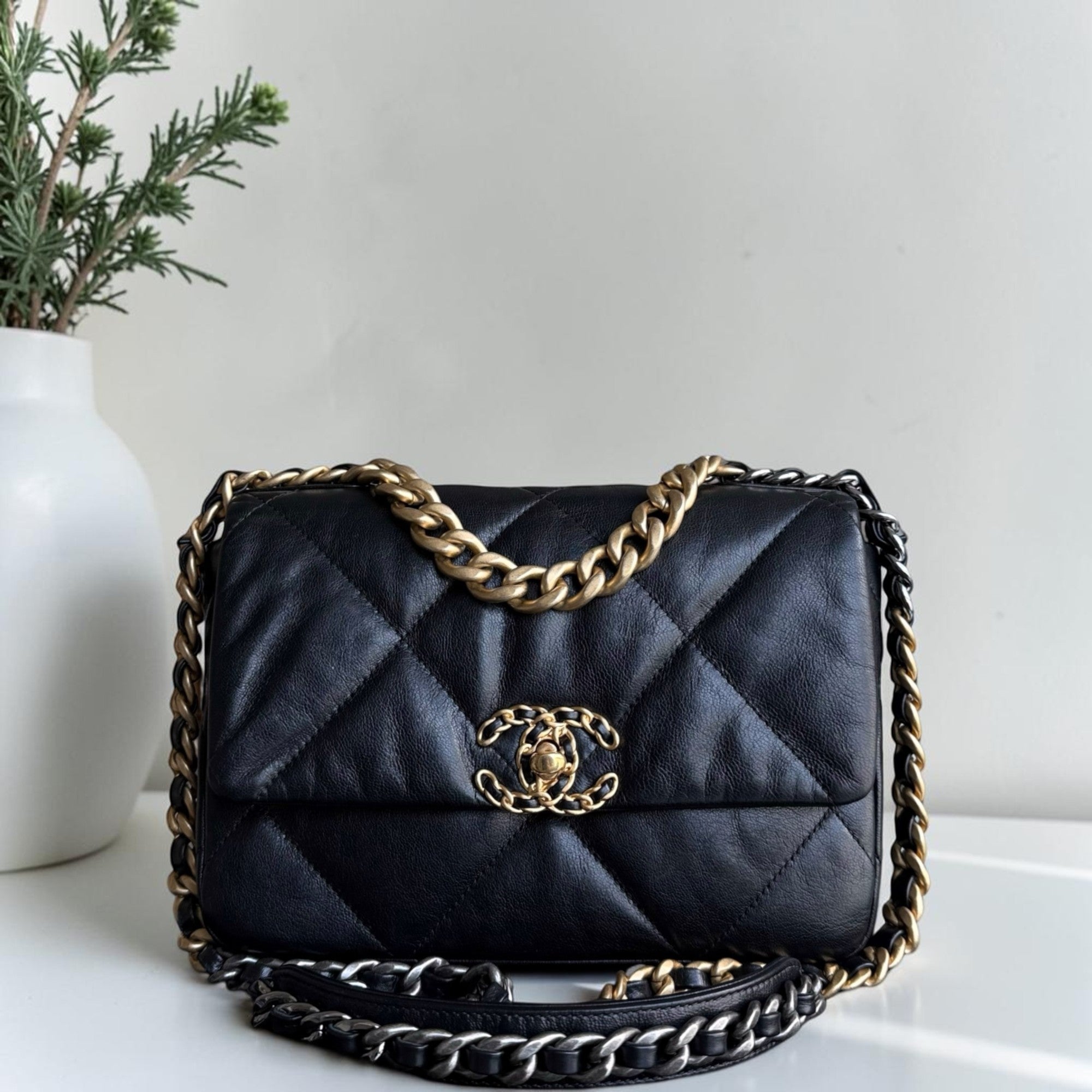 Chanel 19 Bag Small C19 - Quilted Goatskin Black Gold Two-tone Hardware Series 30