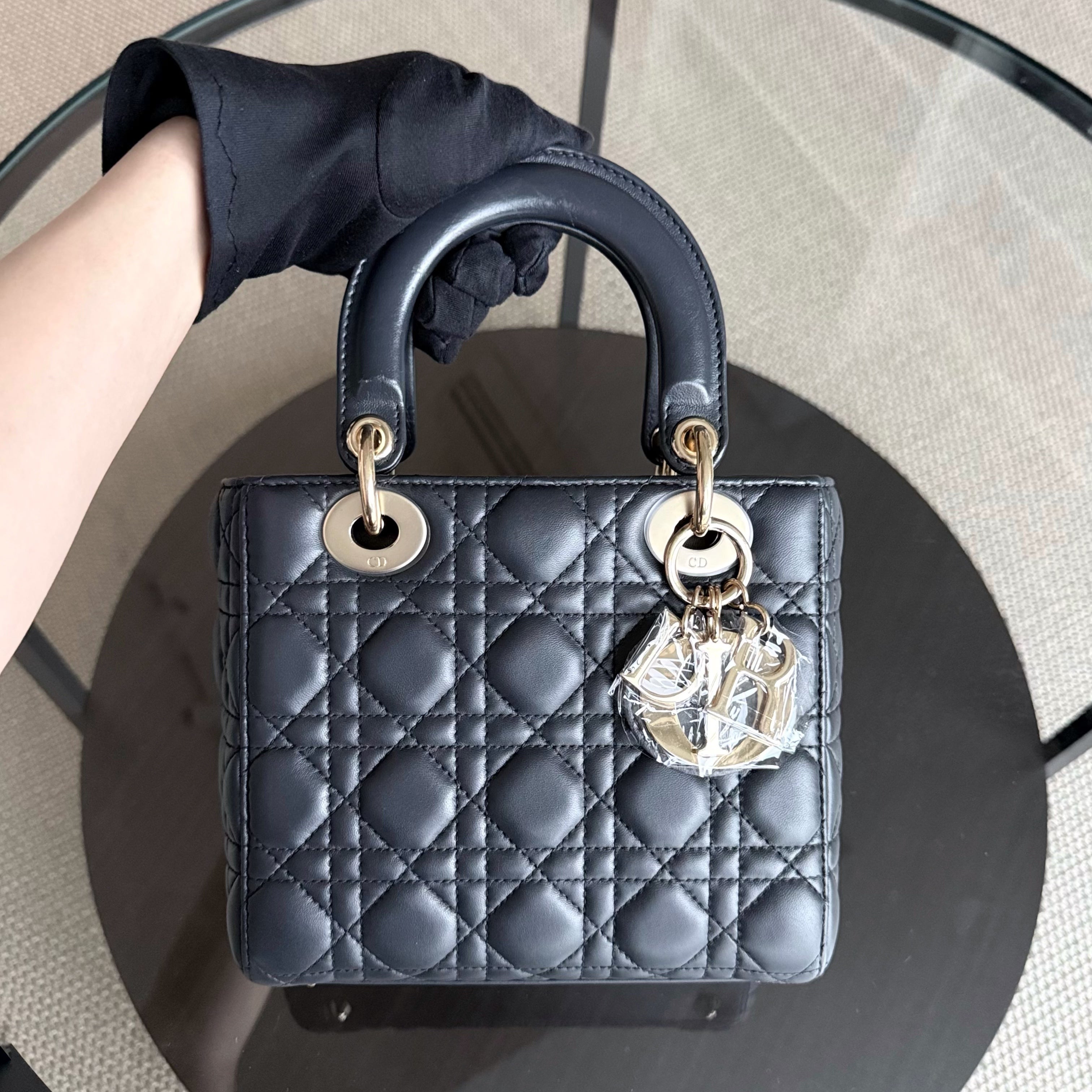 Dior Lady Small - Cannage Lambskin Dark Grey Gray Charcoal Gold Hardware