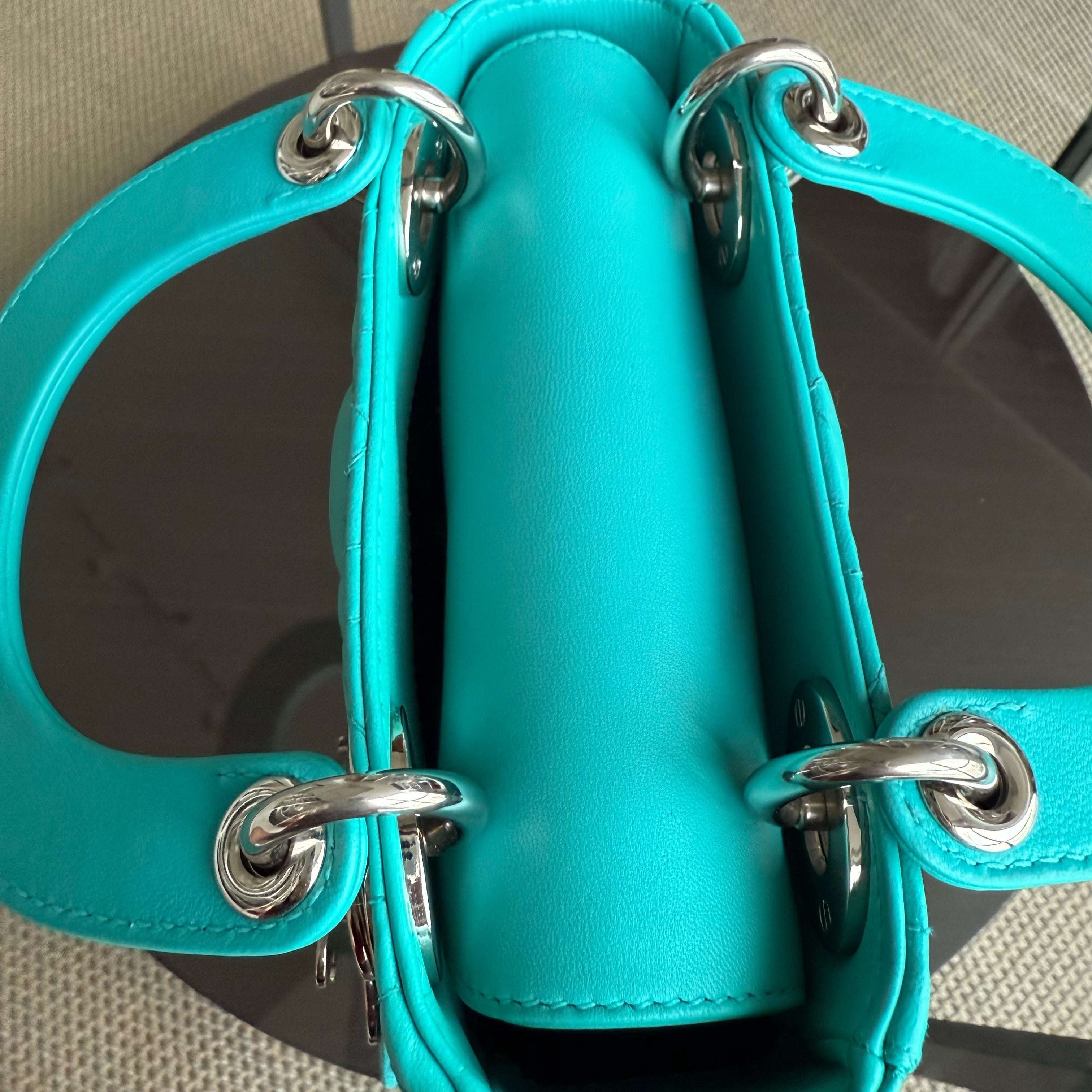 Dior Lady Mini - Cannage Lambskin Cyan Blue Silver Hardware Adjustable Strap