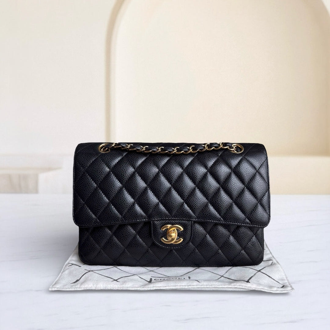 Chanel Classic Flap Medium - Caviar 25CM Quilted Grained Calfskin Black Gold Hardware Series 23