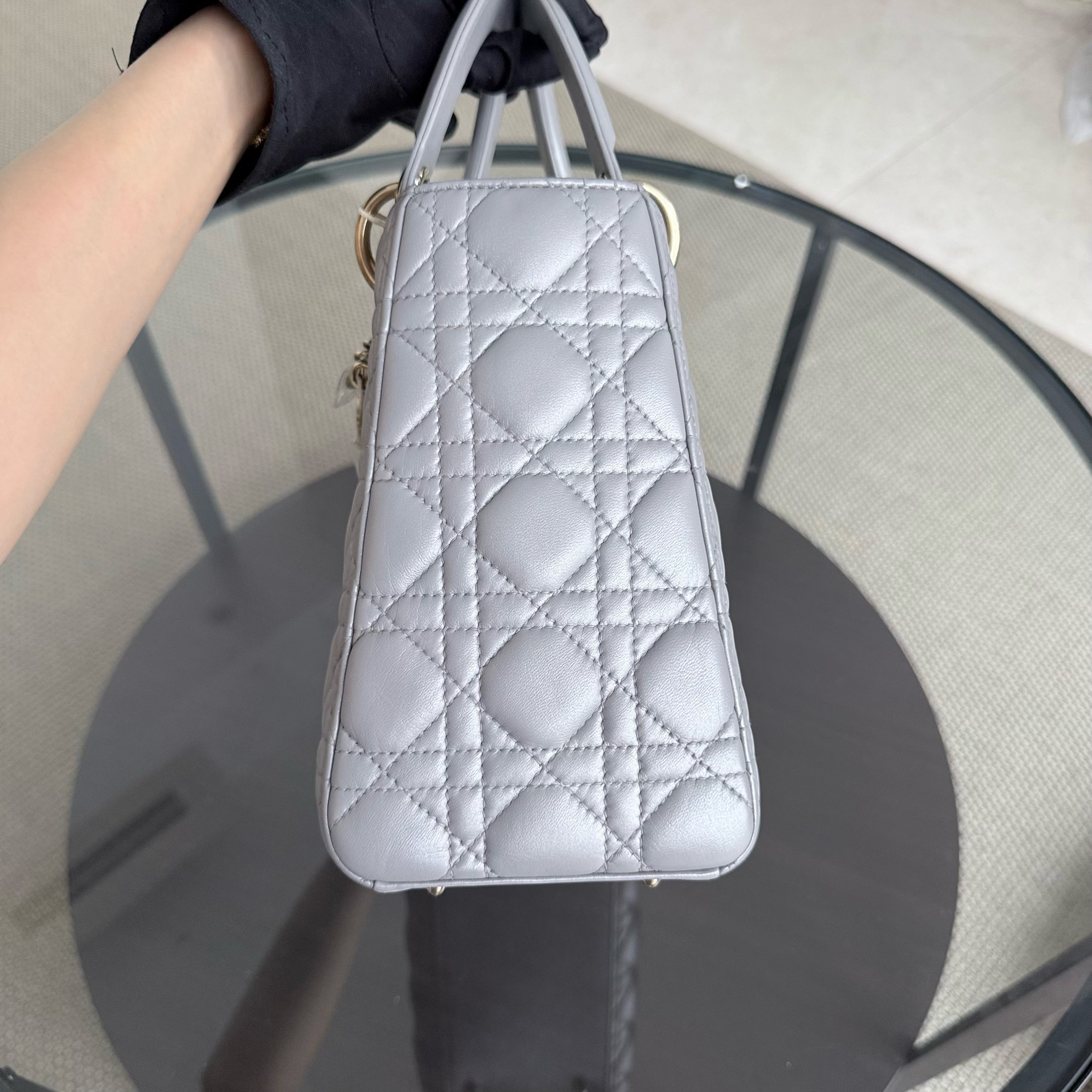 Dior Lady Medium - Cannage Lambskin Gray Grey Gold Hardware Adjustable Strap