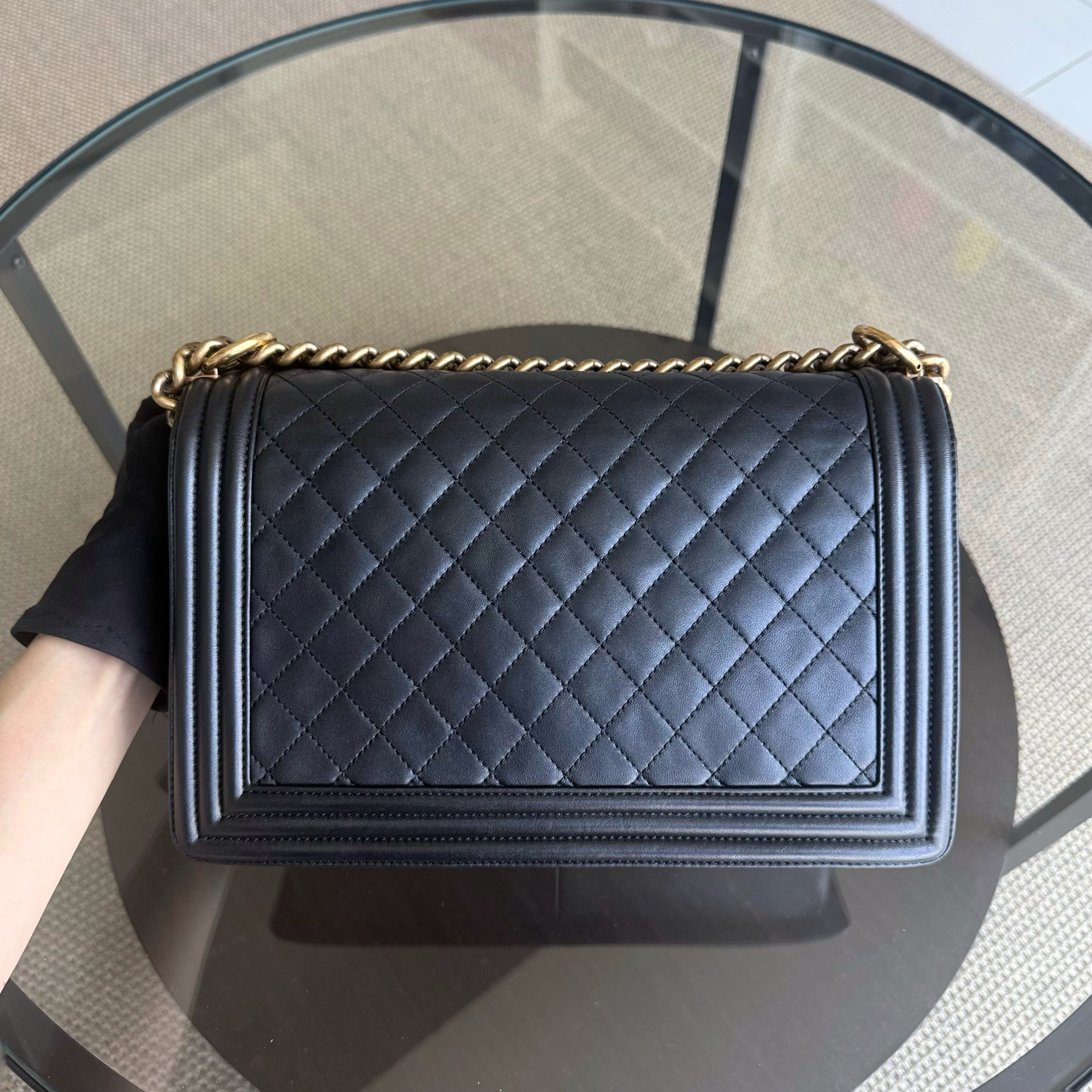 Chanel Boy New Medium - 28CM Quilted Lambskin Black Gold Hardware Series 19