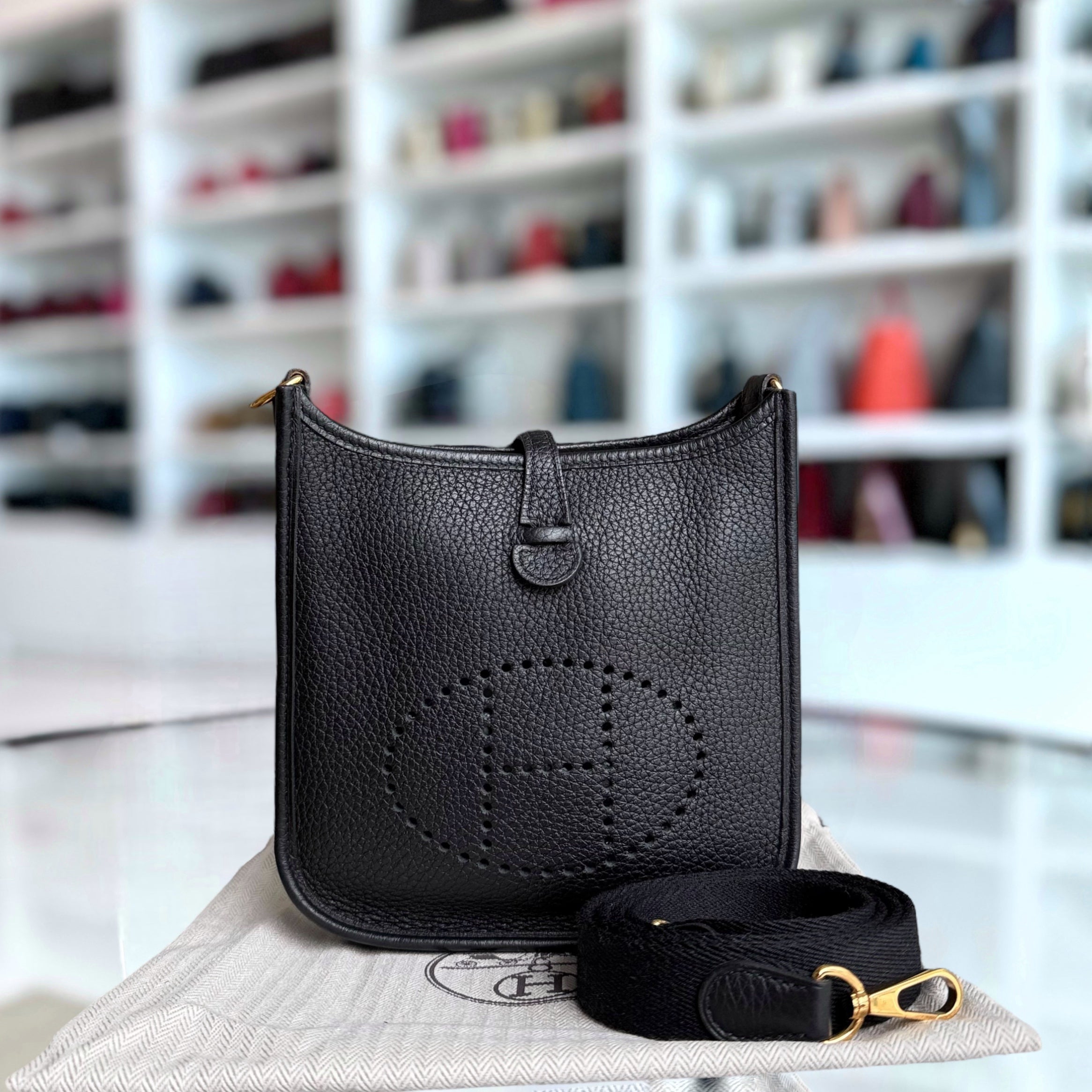 Hermes Evelyn Mini - Clemence Y Stamp Black Gold Hardware