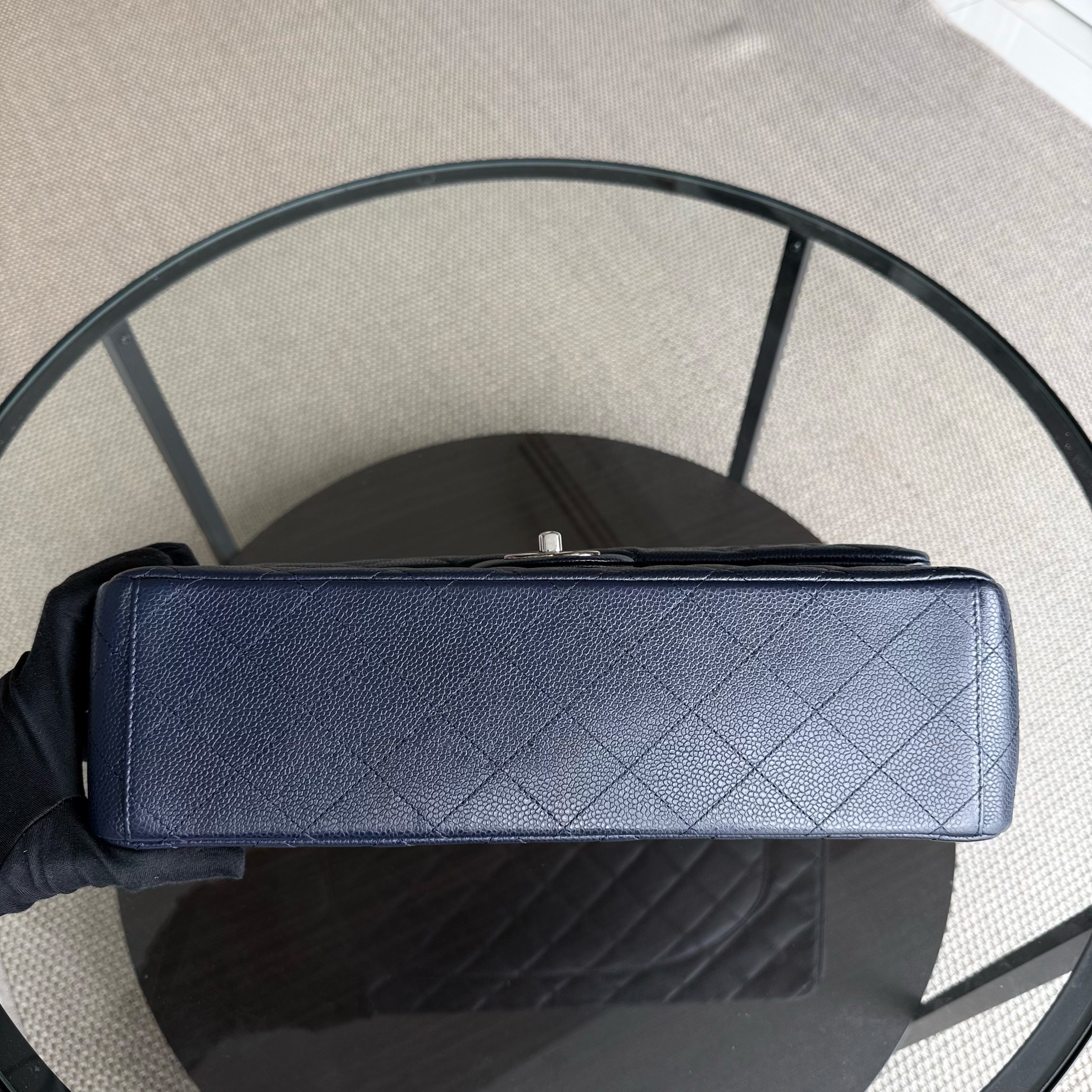 Chanel Classic Flap Maxi - Caviar Double Flap 33CM Quilted Grained Calfskin Dark Blue Silver Hardware Series 18