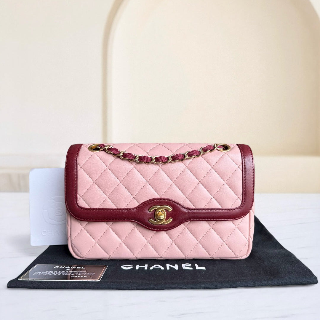 Chanel Seasonal Two-tone Flap Small - Quilted Lambskin Pink Burgundy Gold Hardware Series 23