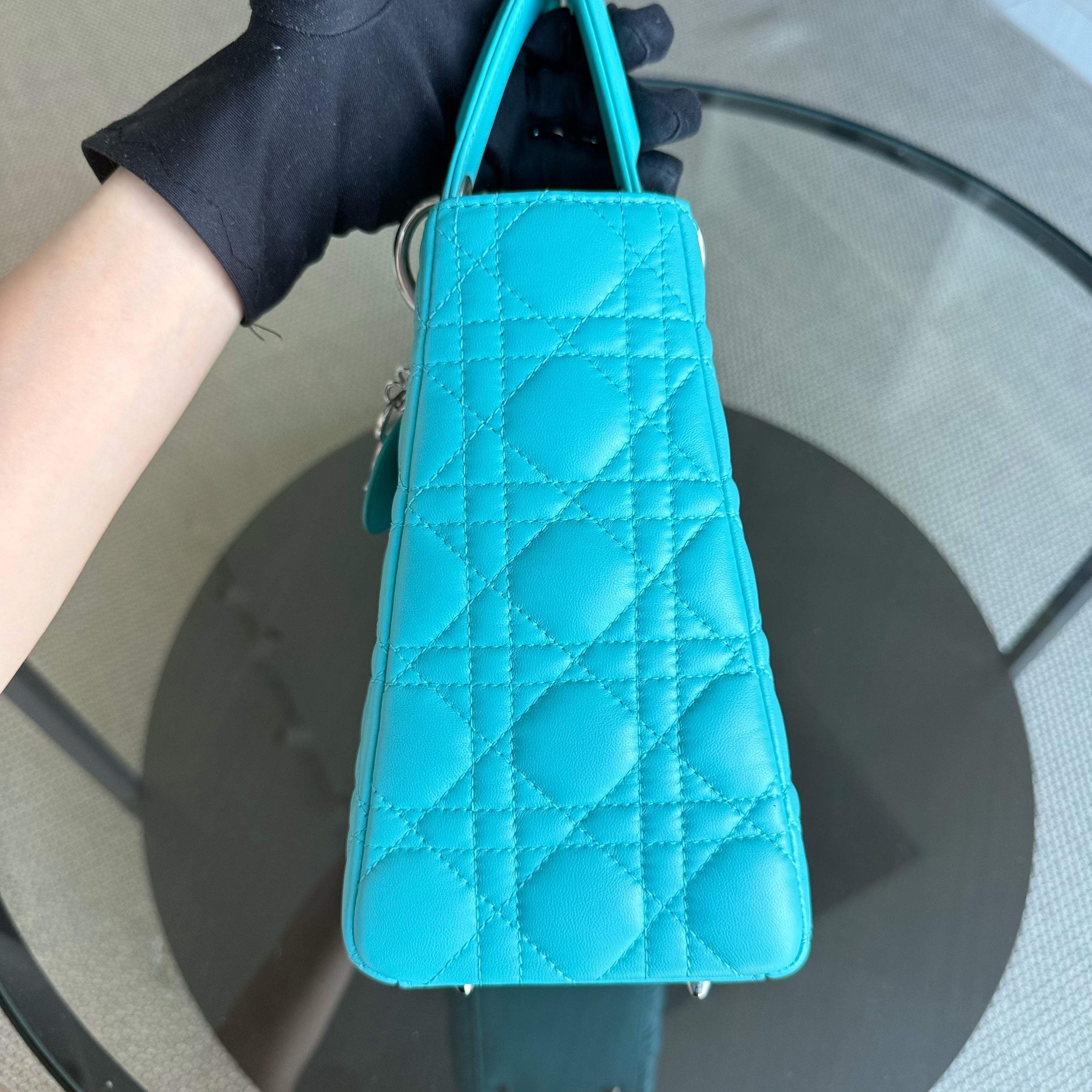 Dior Lady Medium - 25CM Cannage Lambskin Light Blue Silver Hardware
