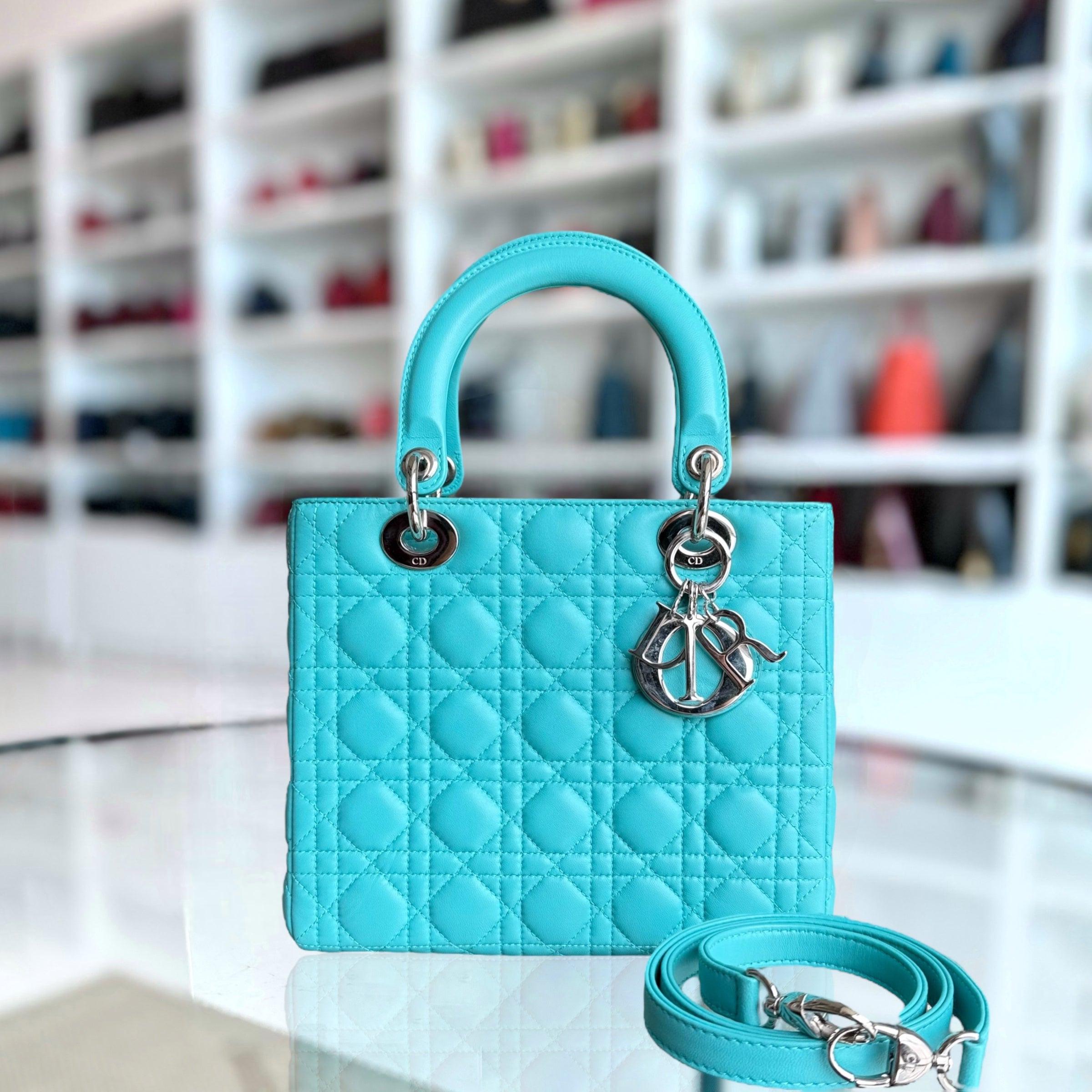 Dior Lady Medium - 25CM Cannage Lambskin Light Blue Silver Hardware
